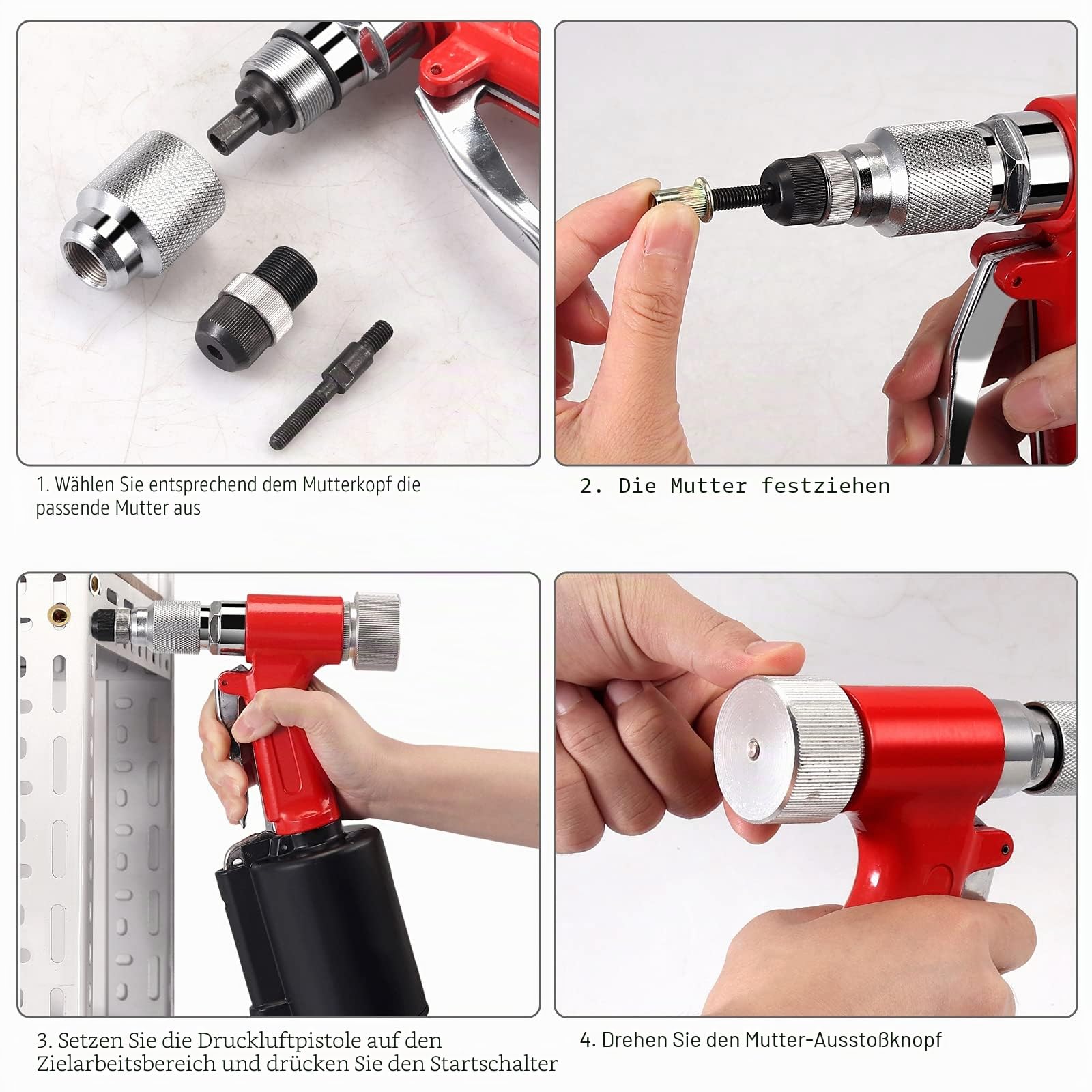 Proster Druckluft Nietmutternzange Set Nietmutterpistole, 100PCS Nietmutter Set, 5 Stück Metrische Mandrels (M4-M10), Luftdruckhydraulisches Werkzeug für Automobil, Industrie, Heimwerkerprojekte- Rot | Luftbetriebenes Nietmutternwerkzeug mit 5 Nasenstück