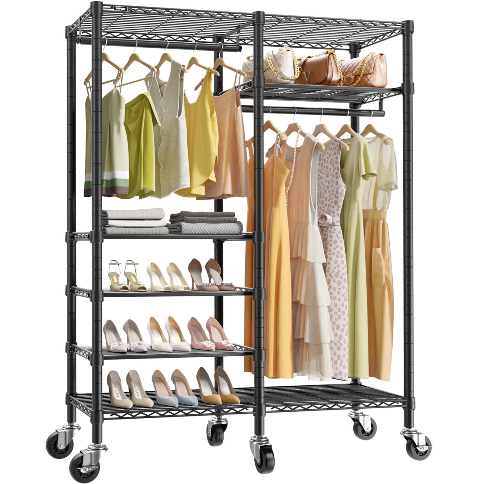 VIPEK R4 Garment Racks Heavy Duty Clothes Rack -620lb Capacity Metal Frame, Rolling Lockable Wheels & 6 Tiers Adjustable Height Shelves & Hanger Rods,