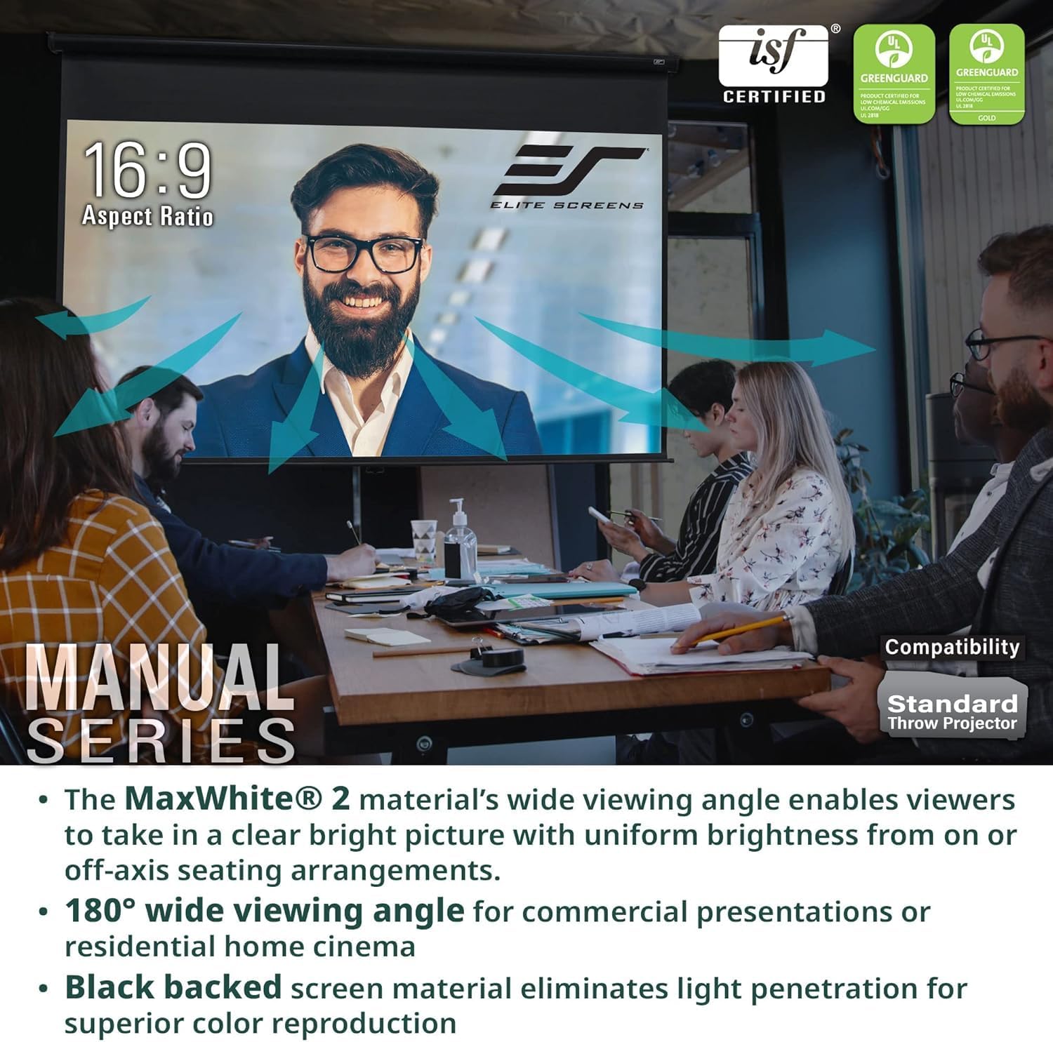 Close-up of the Elite Screens Manual Series projector screen's pull-down handle and lanyard, highlighting the auto-locking mechanism for height adjustment.