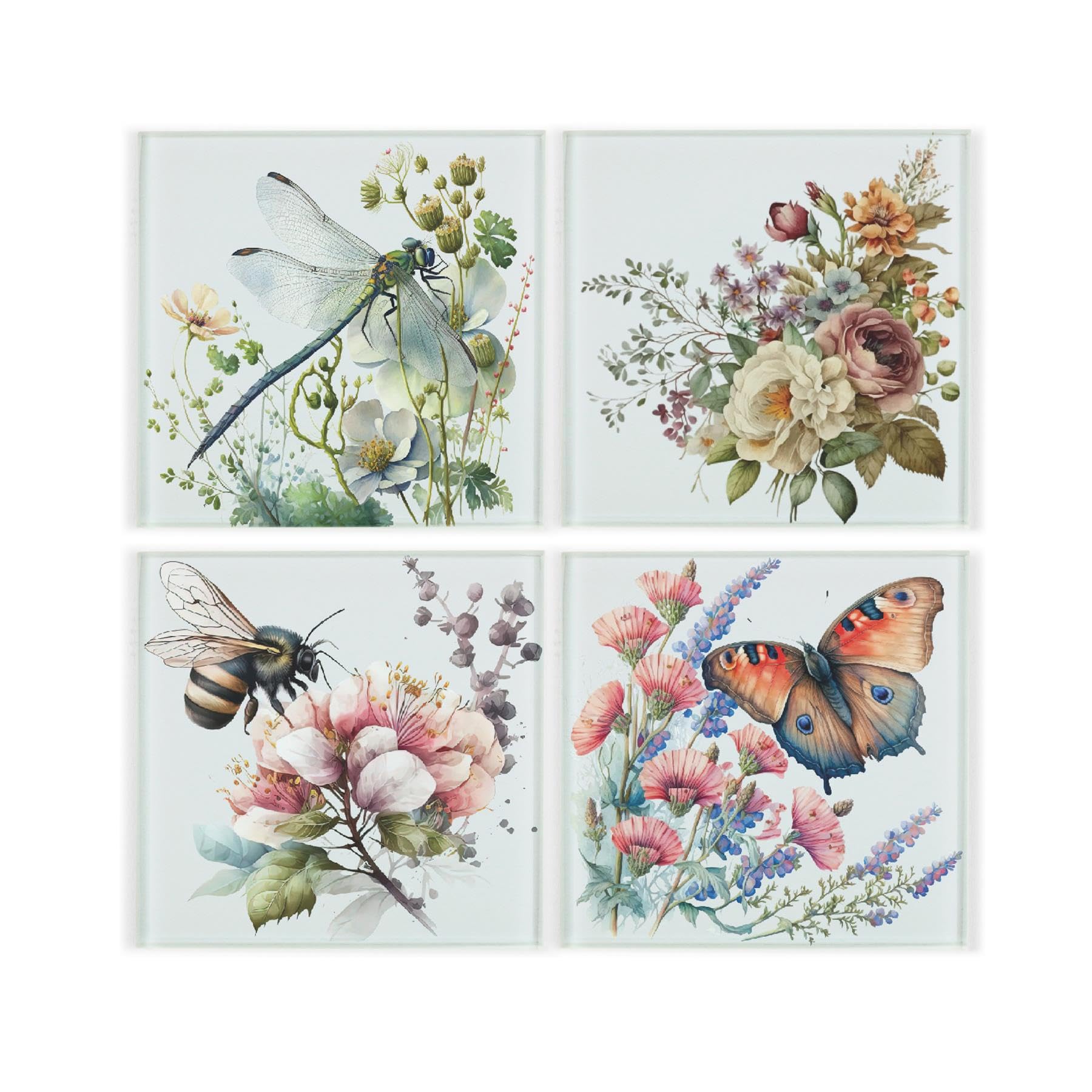 Floral Creatures Glass Coaster Set - Butterfly Dragonfly Bee Gifts - Set of Four (4) Square Drinks Coasters