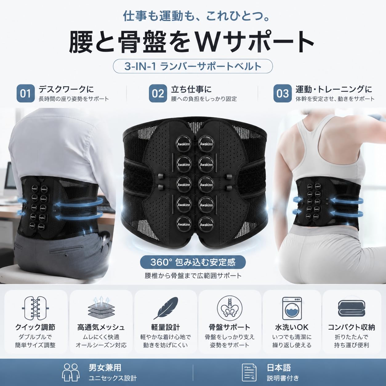 Amazon | Awakinn腰サポーターベルト骨盤ベルト男女兼用 腰椎