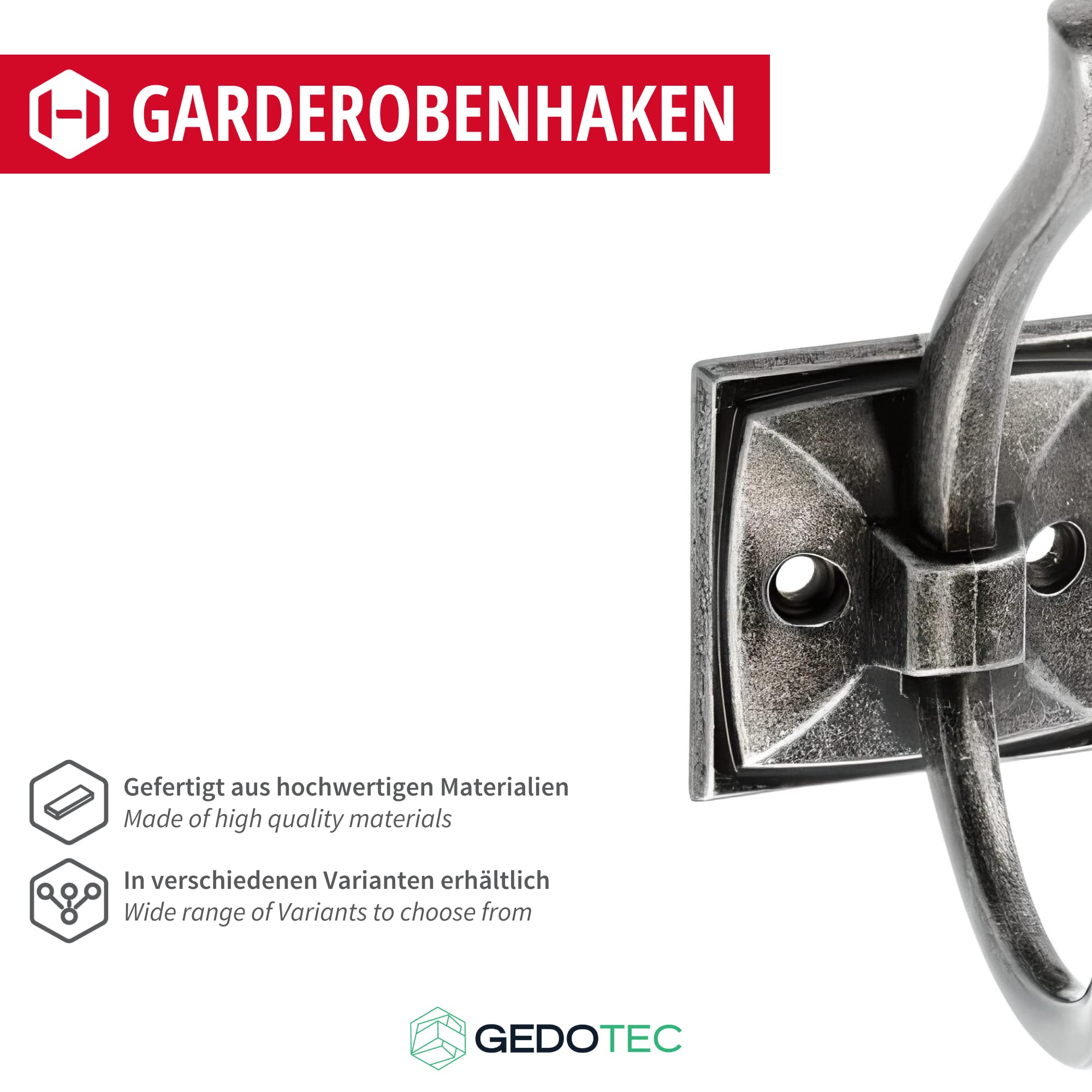 Gedotec Garderoben-Haken Metall Silber antik I KARO I Aufhänger Tiefe: 75 mm I 10 Stück Kleiderhaken I Wand-Garderobe zum Schrauben I Mantelhaken Modern I Design Wandhaken mit Befestigungsmaterial
