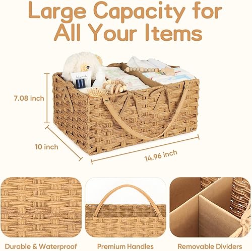 Miniatura 4 de Organizador de pañales, cesta de almacenamiento de ratán de mano para artículos esenciales del bebé, organizador de cambiador de bebé, asistente