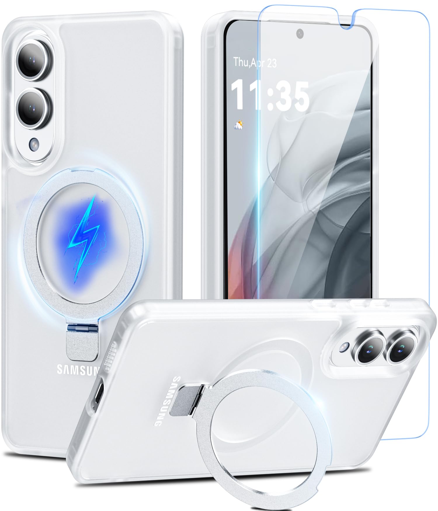 Cum2giff for Samsung Galaxy S25 Edge Case with Stand, Magnetic Case for Magsafe with Screen Protector Matte Translucent Cover with Kickstand & Ring