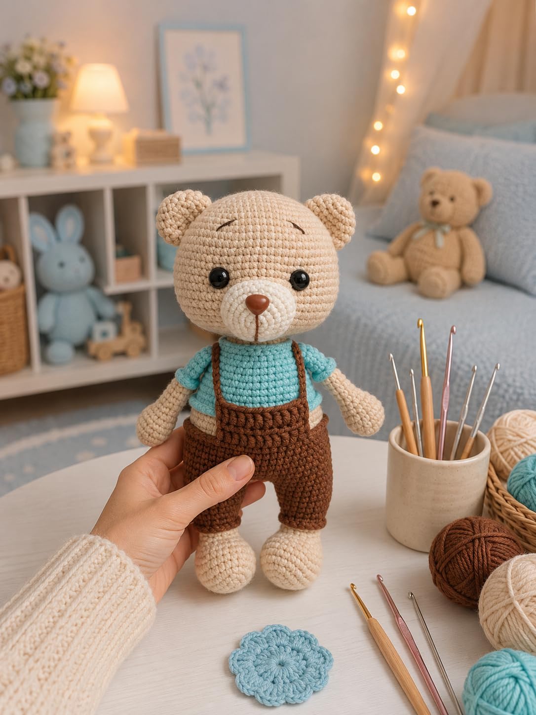Handmade Knitted Teddy Bear Plush –Soft Cotton Stuffed Toy, Perfect, Cute Nursery Decor (9 Inches,Blue Clothes,1PC)
