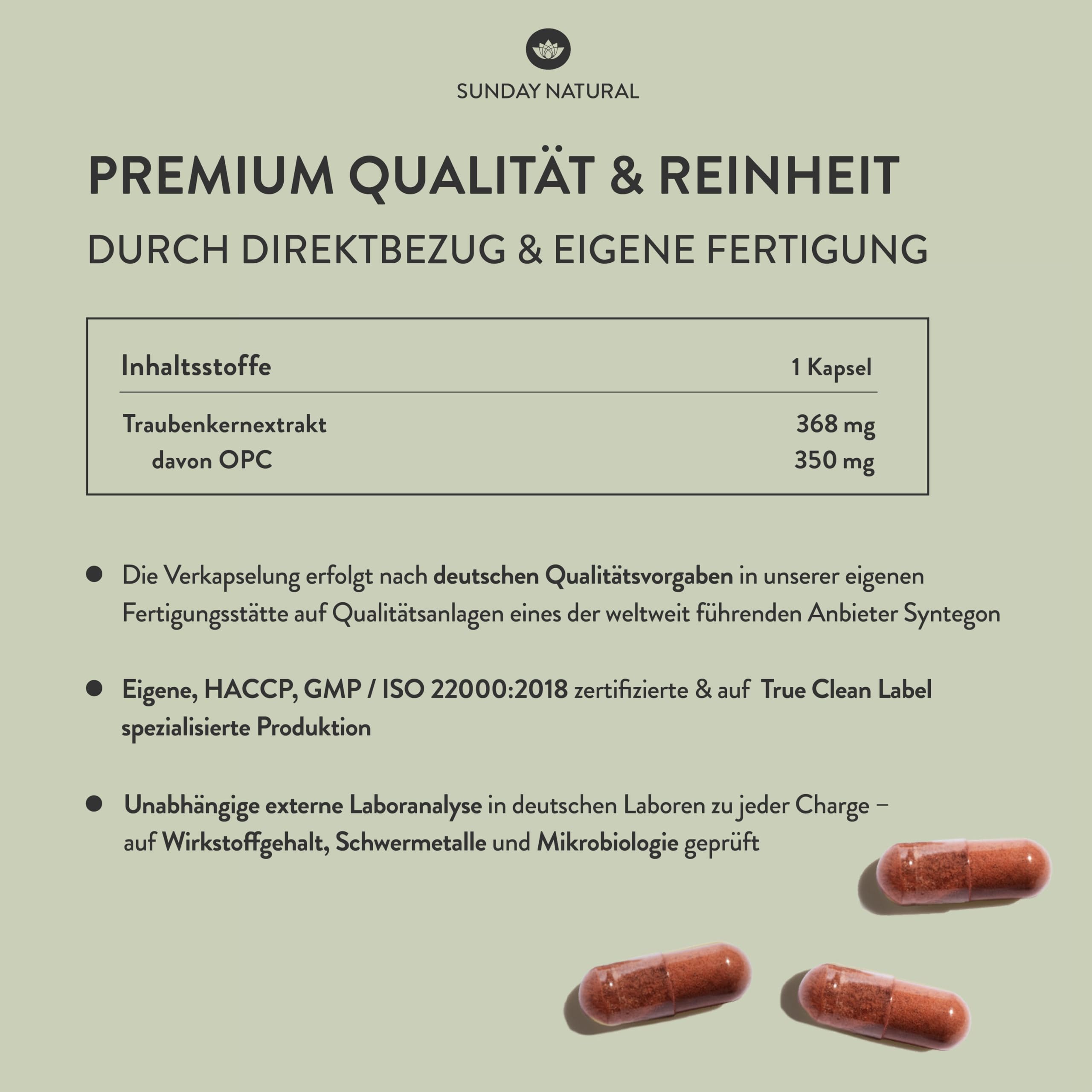 SUNDAY NATURAL® OPC Traubenkernextrakt – 240 Kapseln mit 95% reinem O.P.C. je Kapsel – Höchster OPC Gehalt nach UPLC – aus spanischen Weintraube – Laborgeprüft in Deutschland, vegan