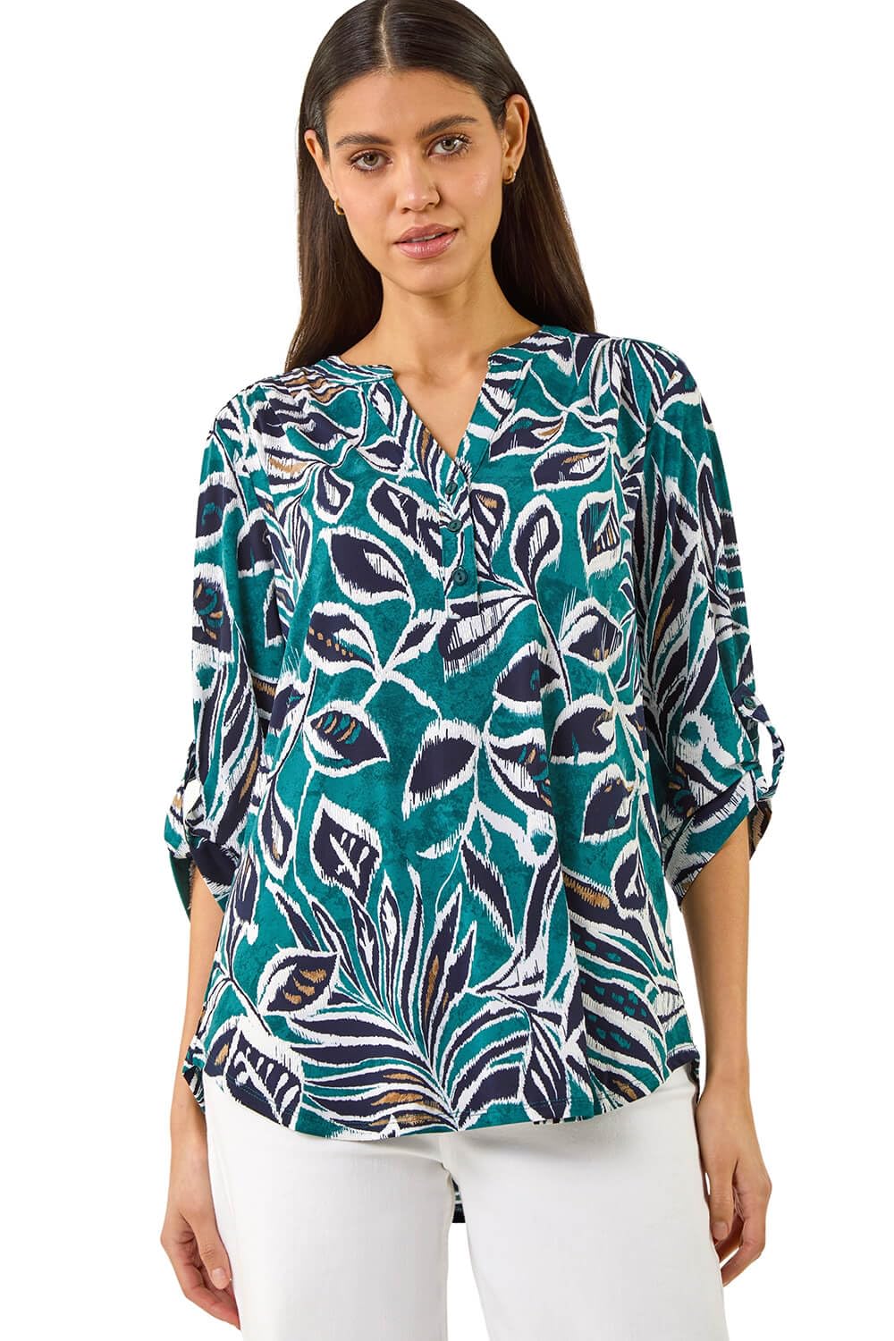 Roman Shirt for Women UK Ladies Top Collarless Blouse Stretchy Tunic Smart Casual Autumn Winter Jersey 3/4 Length Sleeve Notch V Neck Flattering Office Work