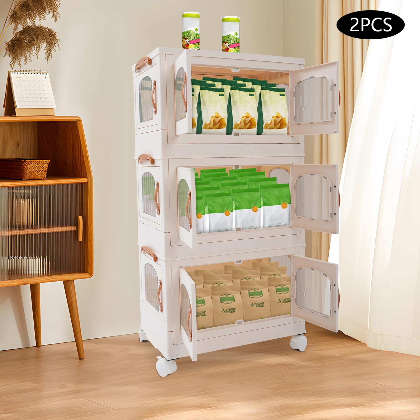 Caja de almacenamiento plegable de 2 piezas con tapa, cajas de plástico apilables con ruedas, puerta de apertura lateral, unidad de almacenamiento para dormitorio, baño, cocina