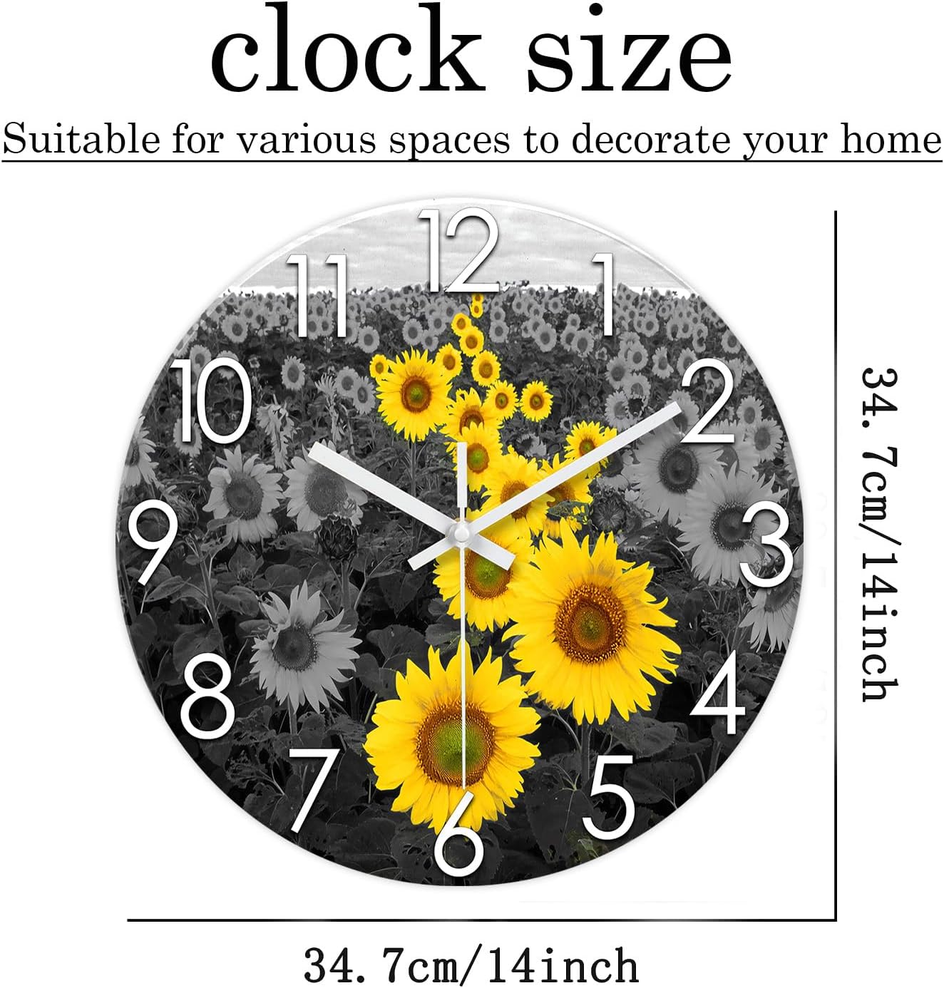 XFM Sunflower Kitchen Decor 14 Inch Silent Wall Clocks Battery Operated Decorative Yellow Flower Clock for Living Room Bathroom Home Office