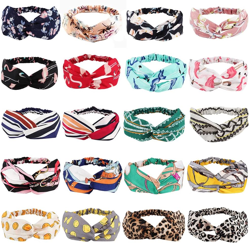 AHONEY 20 PACK Boho Headbands for Women Non Slip Fashion Headbands Floral Headbands Elastic Hair Bands Criss Twisted Head Wrap Beach Accessories for Women
