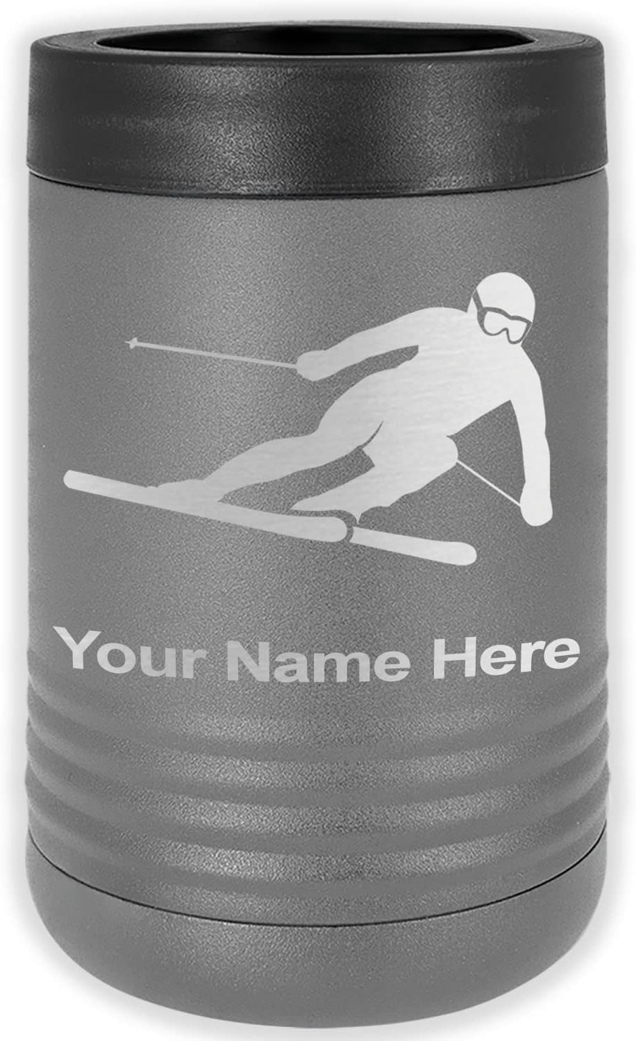 LaserGram Personalized 12 oz. Stainless Steel Can & Bottle Insulator, Skier Downhill – Keeps Drinks Cold Longer (White)