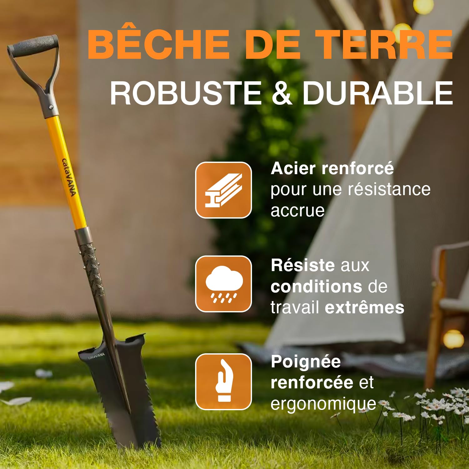 CATAVANA – Bêche de Jardin avec Dents en Acier – Outil de Creusage et Ameublissement du Sol – Manche Long avec Poignée en D Ergonomique – Idéale pour Jardinage, Potager et Aménagement – Noir/Orange