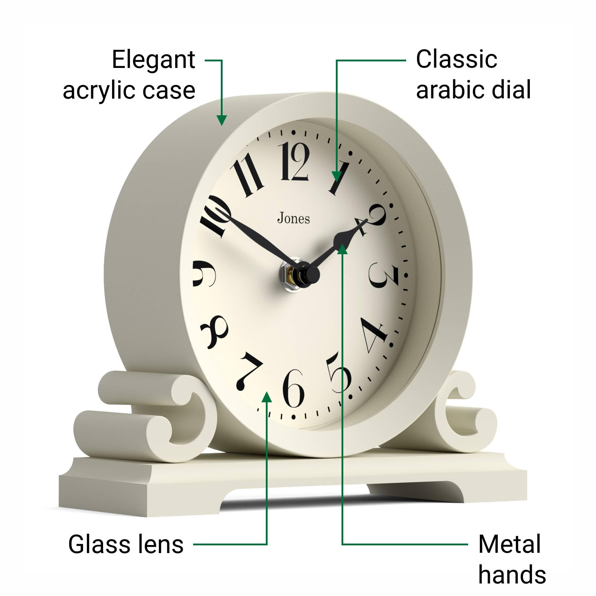 JONES CLOCKS® Saloon Kaminsimsuhr | Kleines traditionelles doppelscroll-Design | Pale Cream | Zeitgenössischer klassischer Stil für Schreibtisch, Tisch, Regal oder nachttisch