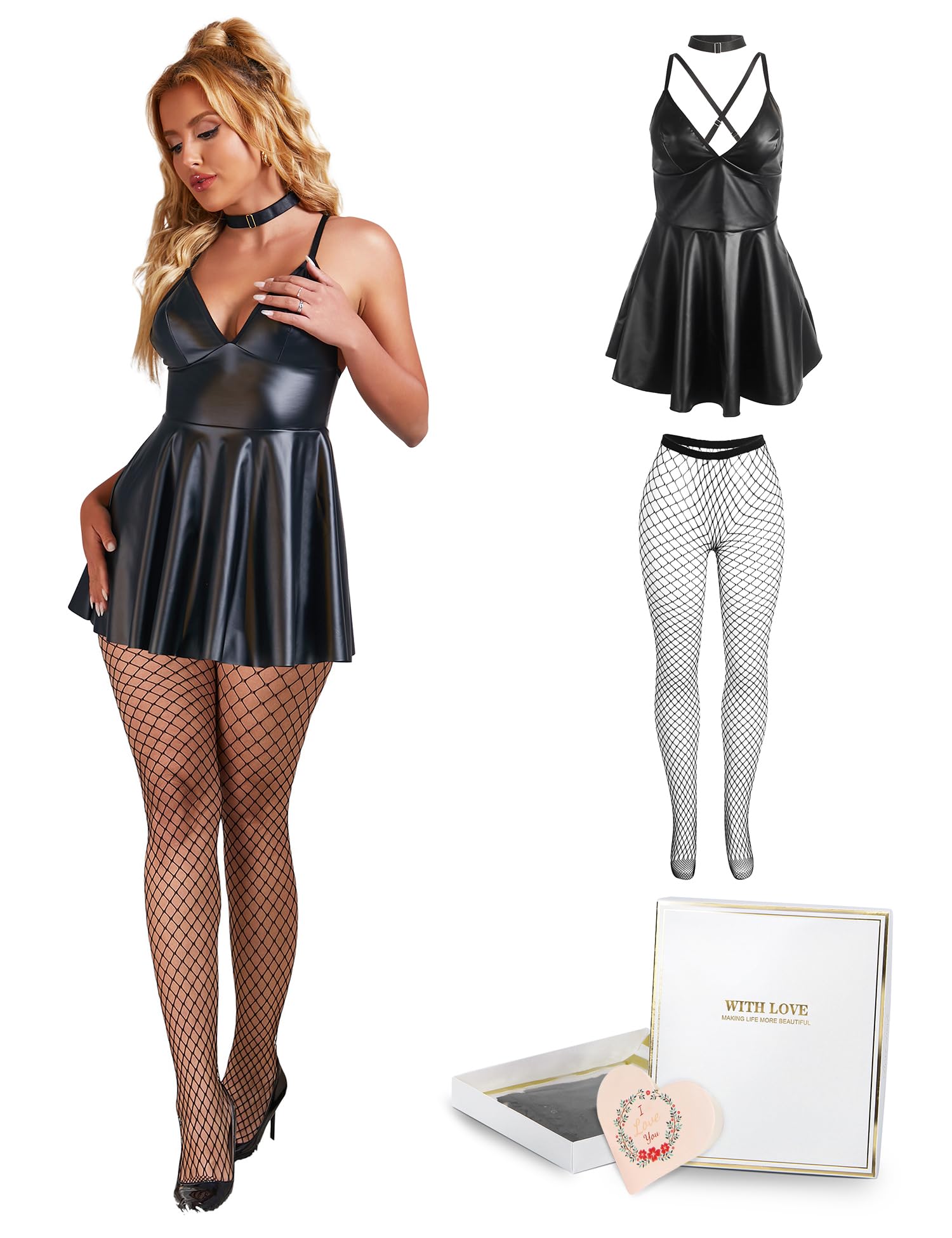 ohyeah Faux Leather Lingerie Set for Women Plus Size PU Lingerie V Neck Backless Babydoll Chemise Mini Lingerie Dress: Small 2- Black (Dress+ Tights+ Box)