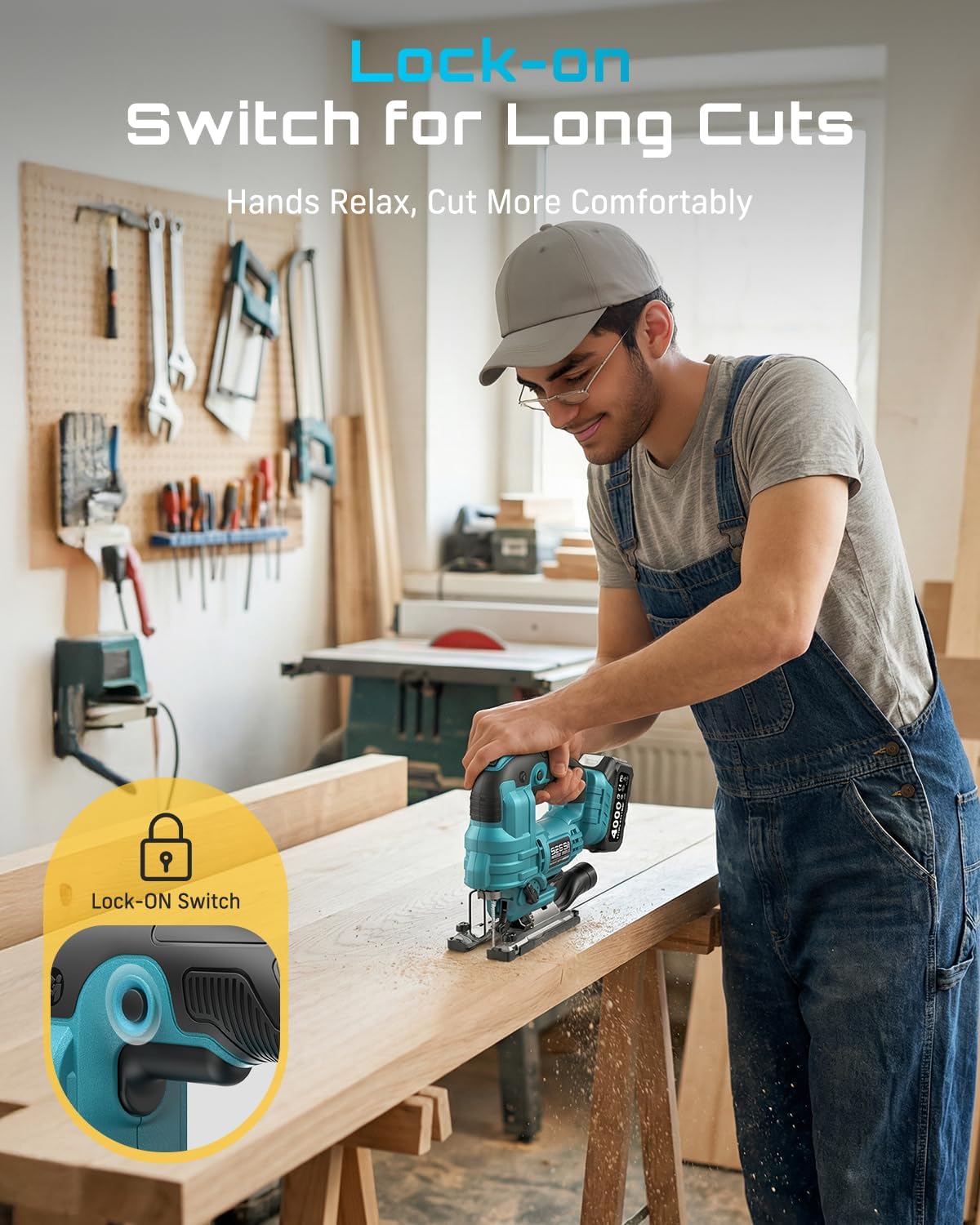 SEESII Brushless Cordless Jigsaw Tool, 2×4.0Ah Batteries, Tool-Free 0–45° Bevel Cutting, 3500 SPM Variable Speed, 4 Orbital Settings, Electric Jig Saw for Woodworking & DIY Projects & Home Use