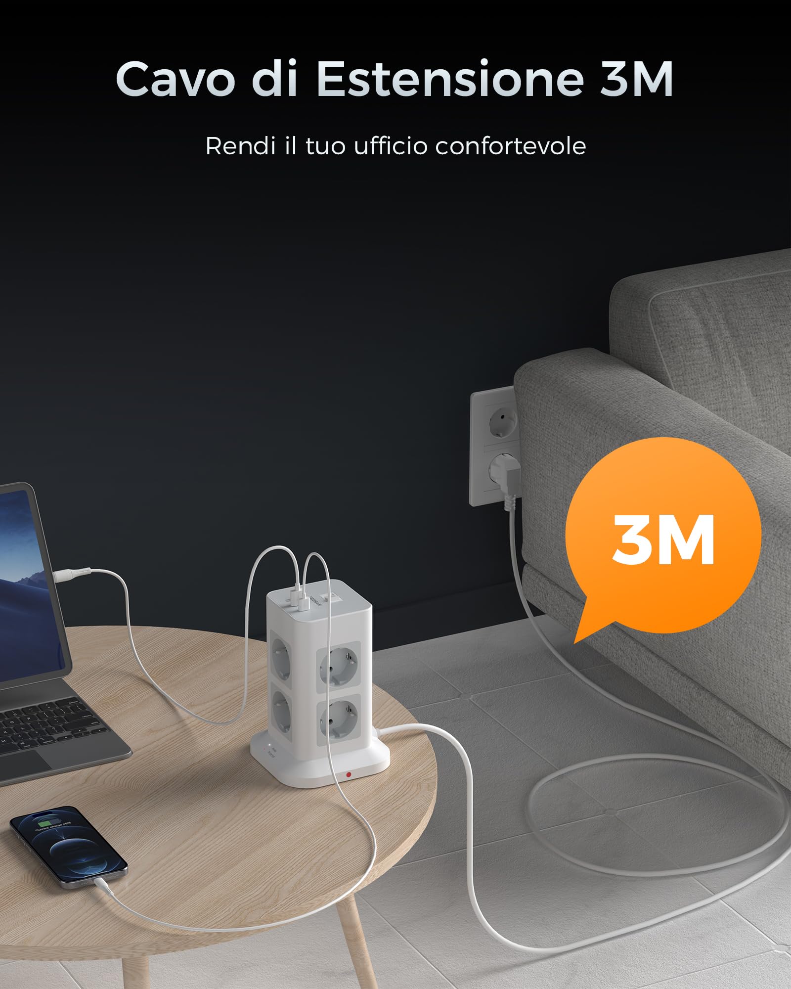 TESSAN Ciabatta Multipresa con USB 15W, Ciabatta Elettrica con 8 Prese, Torretta Multipresa Protezione Sovratensione con Interruttore e Prolunga Elettrica 3 Metri, 3600W Presa Multipla, Girgio