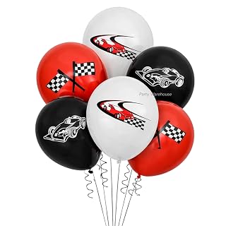 Party Warehouse Racing Car Balloon Set for Birthday - 5Pcs | Race Theme Foil Balloons for Race Lovers | Tyre & Checkered Flag Balloons for Kids/Adults Party Decorations | Red, Black & White
