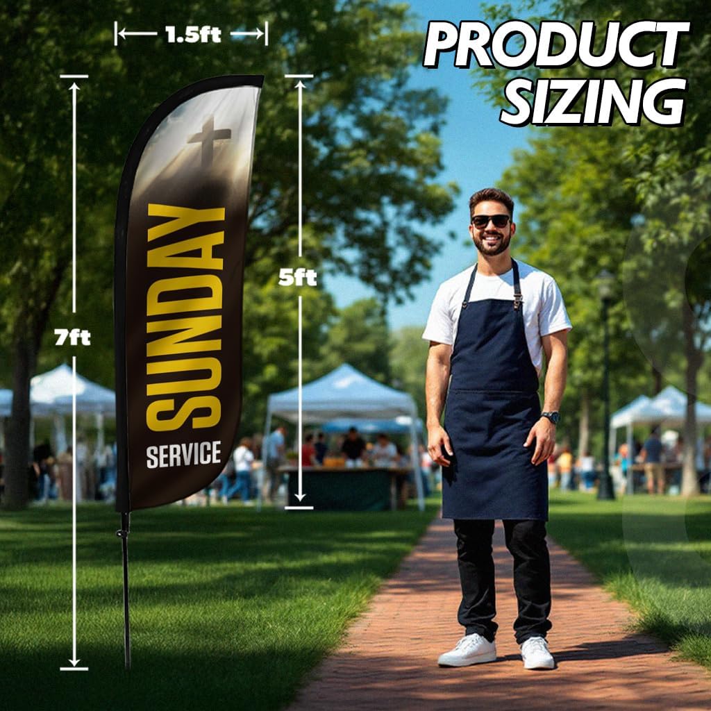 LookOurWay Feather Flag Pole Kit - 7 Feet Tall Advertising Banner with Fiberglass Pole Set and Ground Spike for Business Promotion - Church Flags - Sunday Service - Image 3