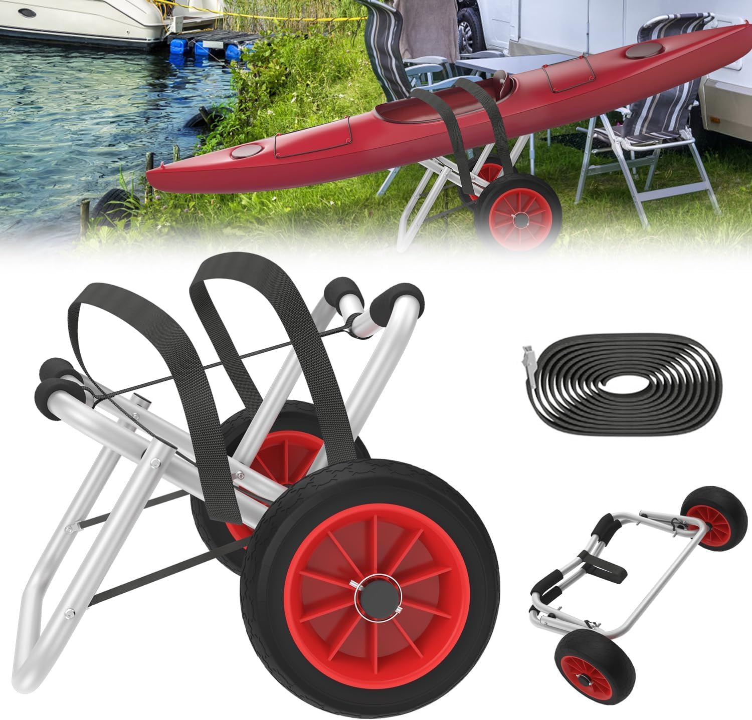Froadp Kajakwagen Faltbar Kanuwagen Bootswagen mit 3 m Gurtbändern, Aluminiumlegierung Transportwagen für Kajak, Kanu und Boote, bis 100 kg Traglast