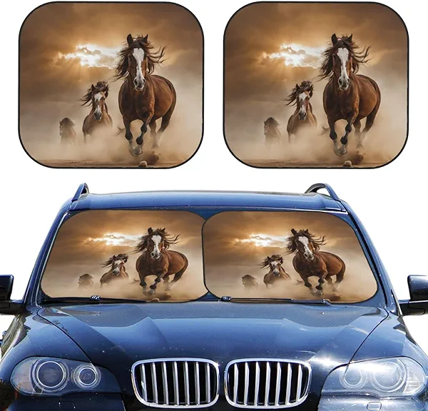 Running Horse Desert 2-Piece Car Windshield Sun Shade Foldable Front Window Sunshades Blocks UV Rays and Keeps Your Vehicle Cool for Most Sedans SUV Truck, Medium