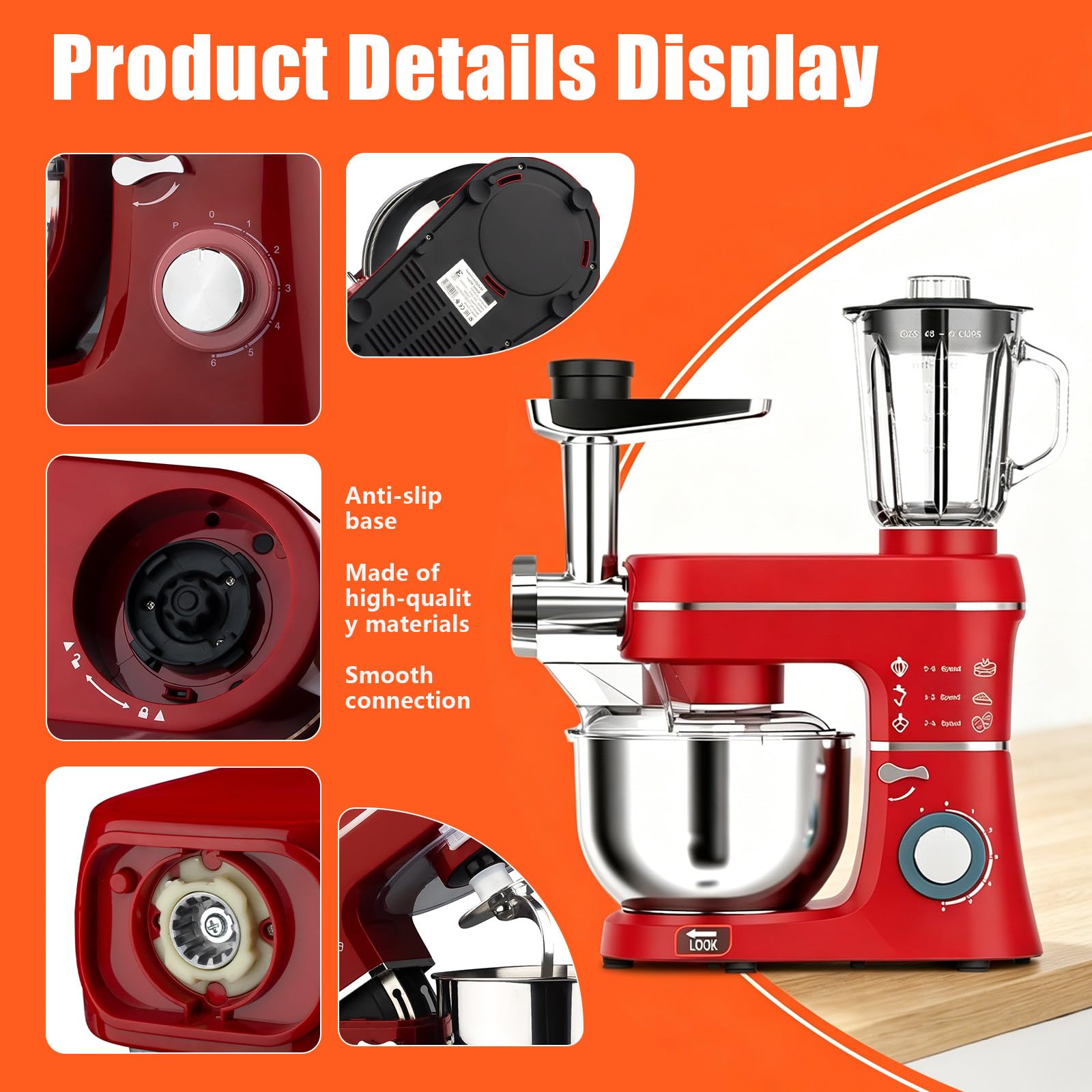 Robot de Cocina multifuncion 10L 1400W 5 en 1, tazón de Acero Inoxidable, Gancho amasador + picadora + exprimidor, Ventosa Antideslizante, para Pizza & Pan & Pasta, para Familia Red