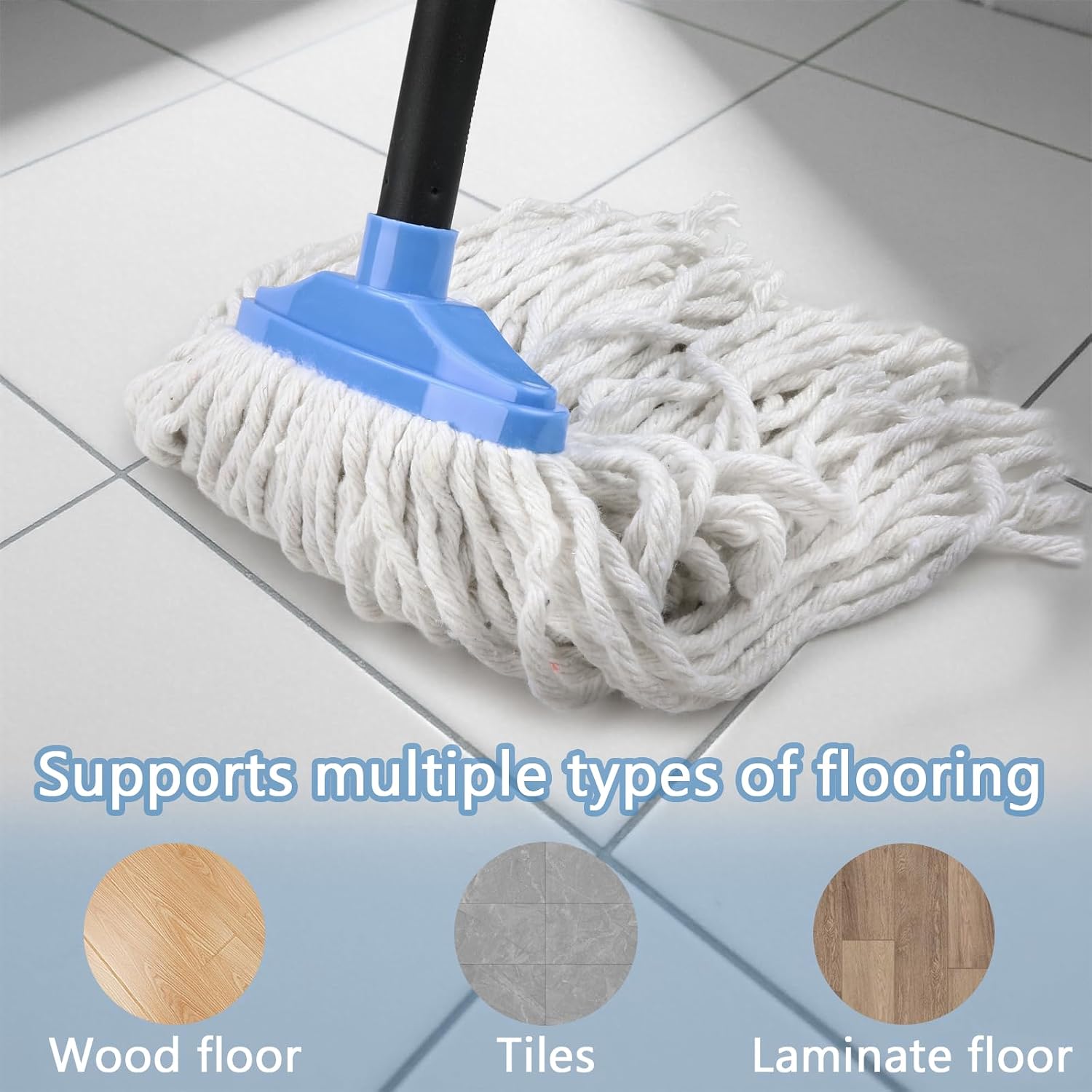 Indoor Cotton Mops for Floor Cleaning - 53.7" Adjustable Iron Handle Regular Mops to Clean Living Room, Kitchen, and Bathroom,Indoor Cleaning Mop for Wood Floors, Tile, Hardwood Floor. (Blue White