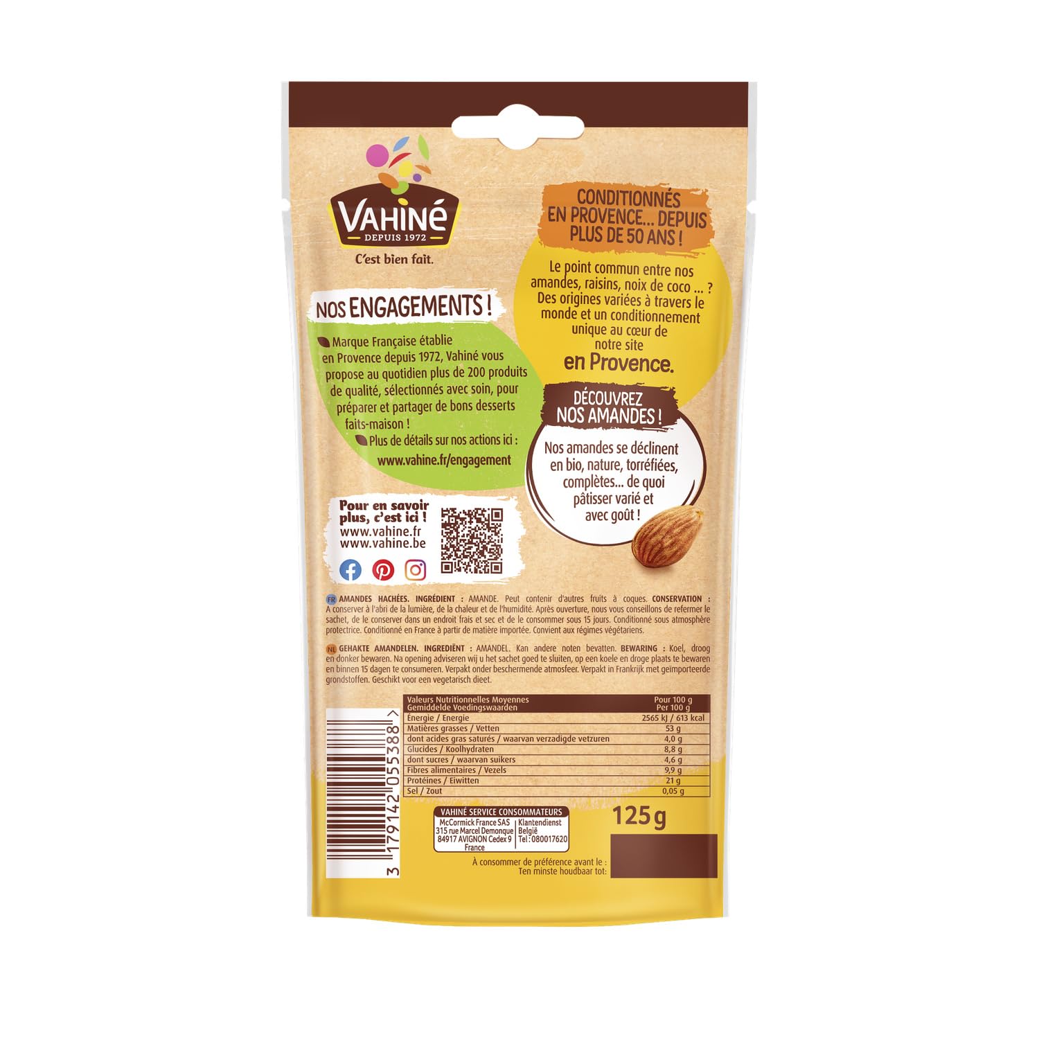 VAHINE Éclats d'Amandes 125g, Poche Zip Fraîcheur, Conditionné en France depuis 1972 - Lot de 3