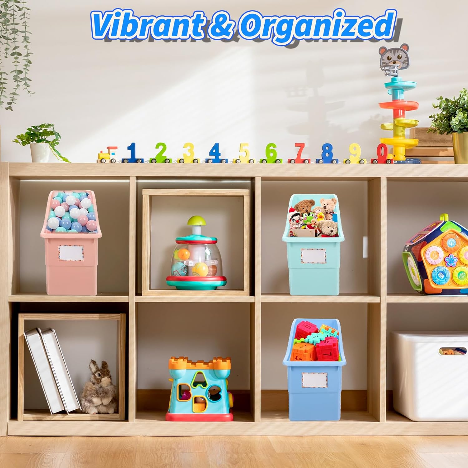 6-Pack Plastic Book Bins with Labels – Colorful Learning Places & Home Organizers for Books, Magazines, Files (10” x 4” x 7.5”, PVC, 6 Assorted Colors)