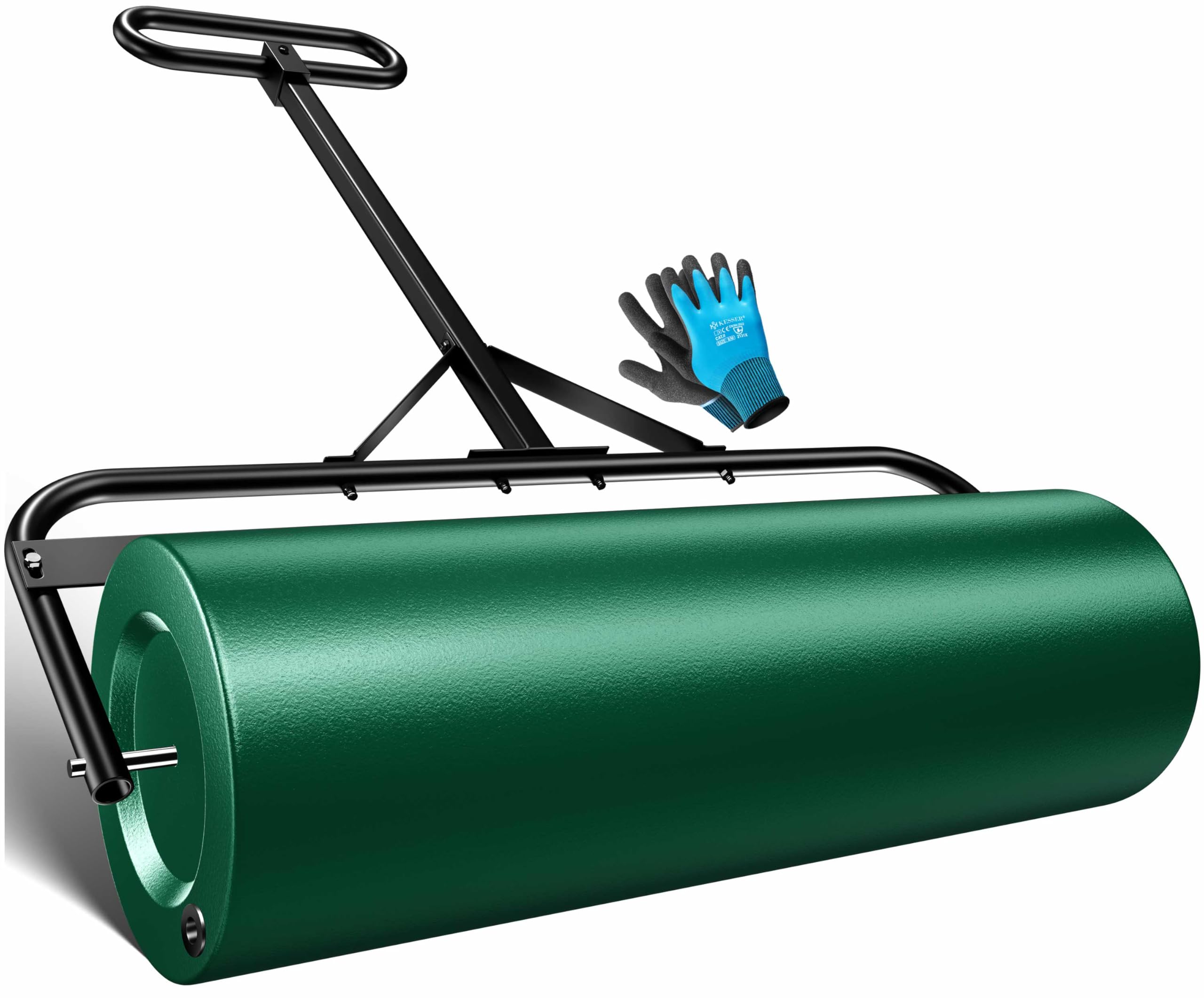 KESSER® Rasenwalze Metall befüllbar mit Wasser oder Sand mit 63 Liter Füllvolumen & 99cm breit | Gartenwalze inklusive Handschuhe | Handwalze Rasenroller Ackerwalze Walze in Grün