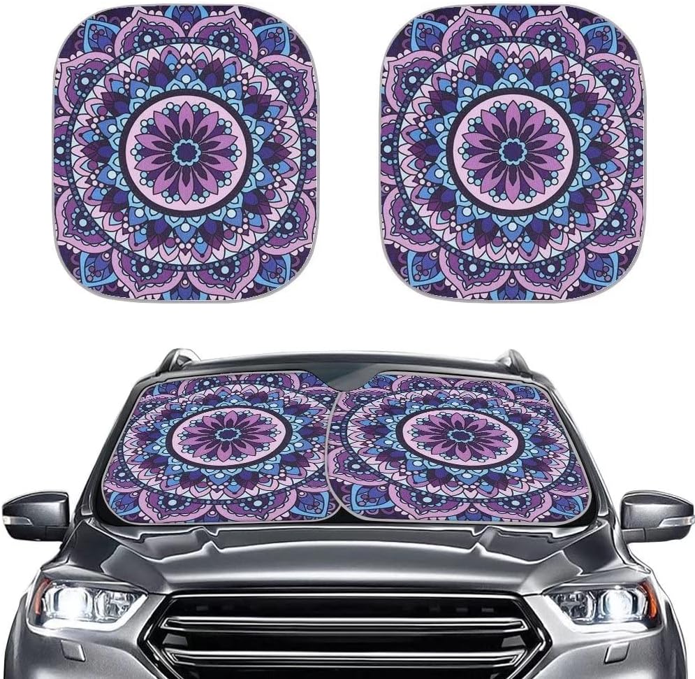 JoyLamoria 2 Piece Car Windshield Sunshade Boho Mandala Print Front Window Auto Windshield Sun Shade Foldable Sun Visor,Silver Fabric, Keep Your Car Cool