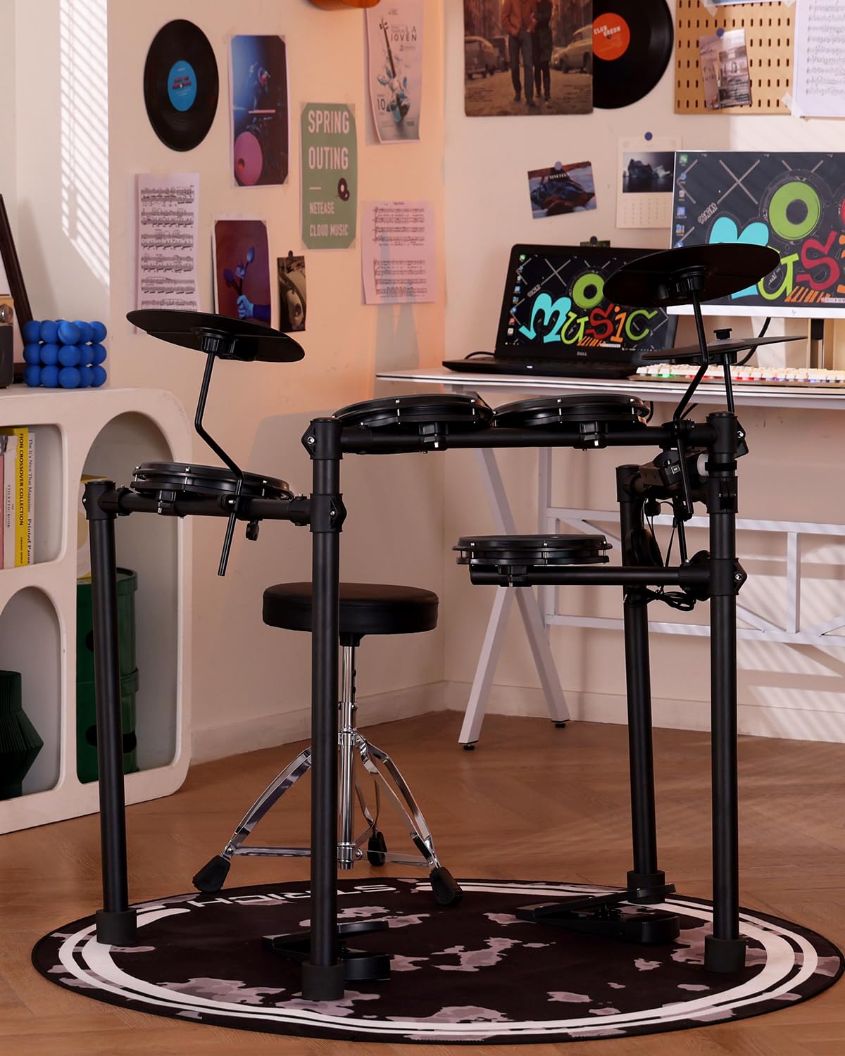 STRICH Elektronisches Schlagzeug E-Drum Set mit Mesh Heads, LED Drum Pads, USB MIDI, faltbares Electronic Drum Kit mit Drumhocker, Kopfhörer und Drum Matte für Anfänger & Home Practice, SED-T03