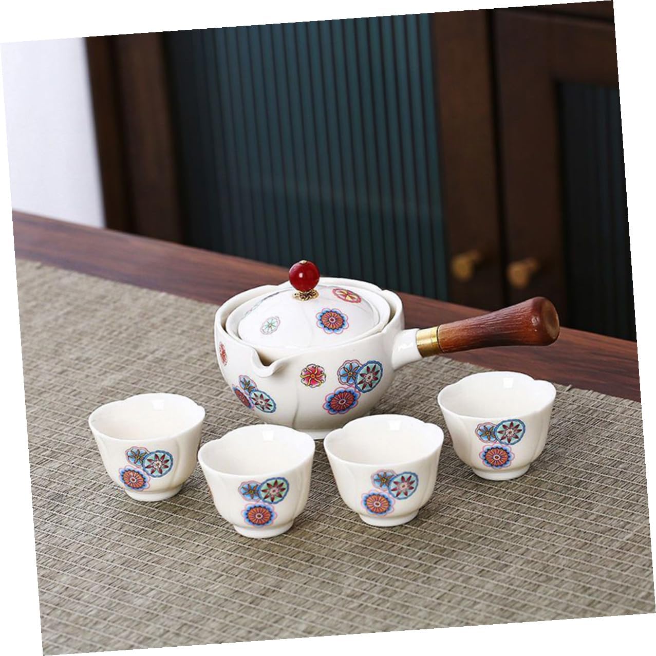 Portable Ceramic Rotatable Teapot and Cup Set with Infuser, 1 Pot 4 Cups Travel Tea Serving Kit for Home and Outdoor Use, Chinese Kungfu Tea Set with Carrying Bag