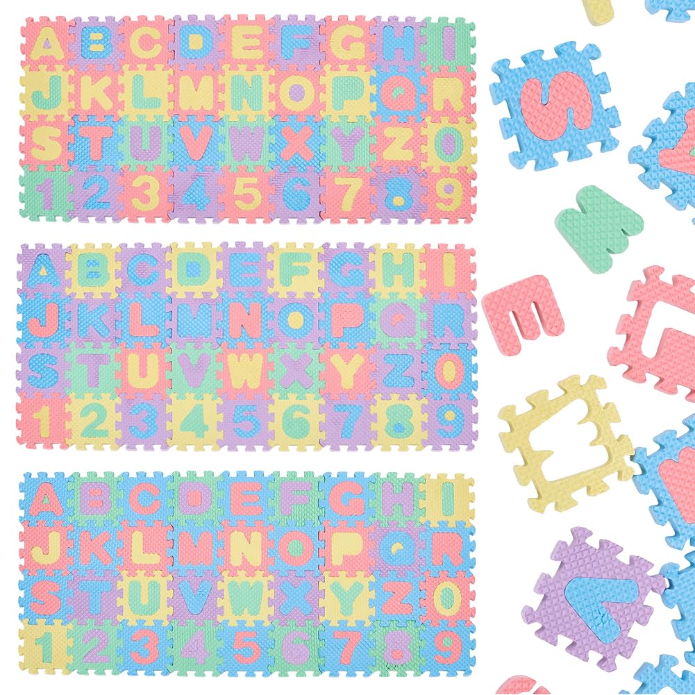 FREEBLOSS 3 Set 108pcs Miniature Foam Flooring Alphabet Floor Tiles Mini Interlocking EVA Floor Mats Dollhouse Miniature Flooring Mat for 1/6 & 1/12 Dollhouse(Random Color, 1.8x1.8inch)
