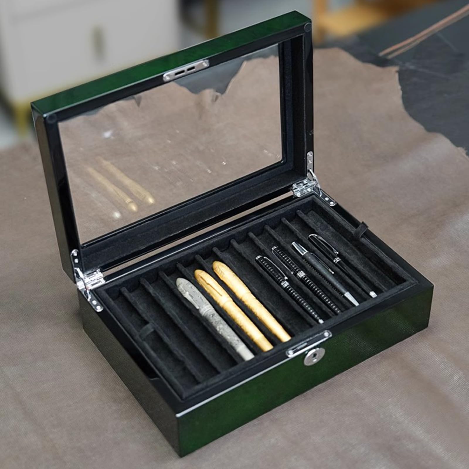 COYEUX Caja expositora de Madera para bolígrafos con 24 Ranuras, Organizador de bolígrafos de 2 Capas, con Cerradura/Ventana de Cristal/Bandeja de Doble Capa, para Tienda, hogar