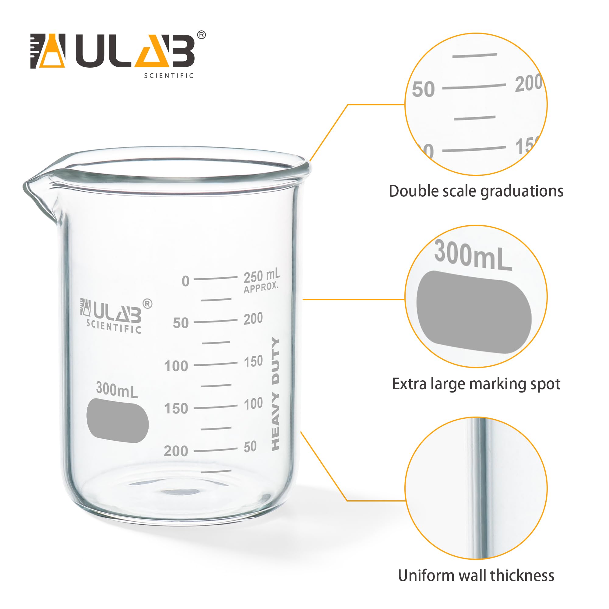 ULAB Scientific Glasbecher, Vol. 300 ml, 3.3 Borosilikat-Griffin niedrige Form mit gedruckter Graduierung, 4 Stück, UBG1034