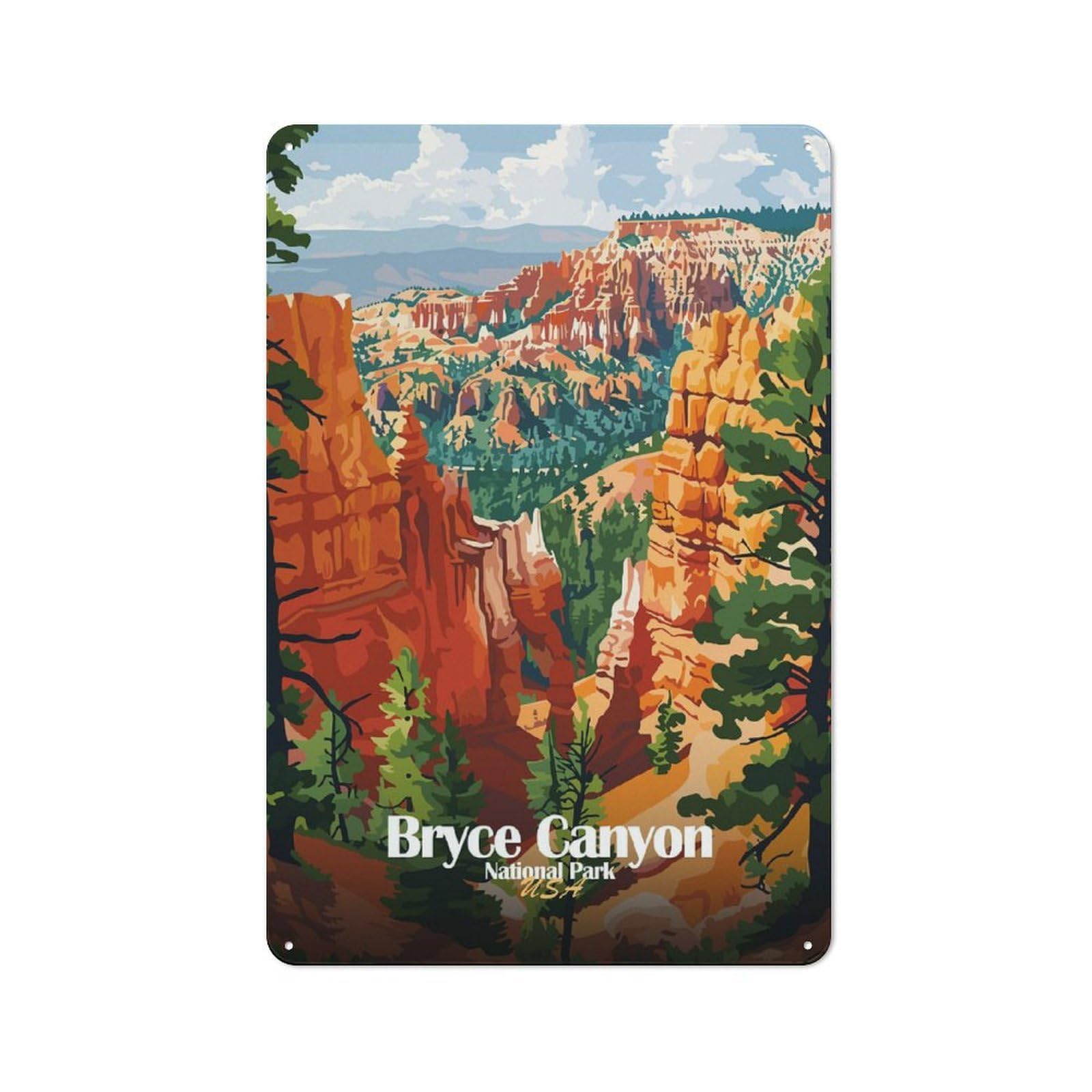 Junmoney Bryce Canyon National Park Illustration Tin Sign With Design 30X20cm, Vintage Shed Wall Decor For Greenhouse, Garden Room, Cafe Or Entryway