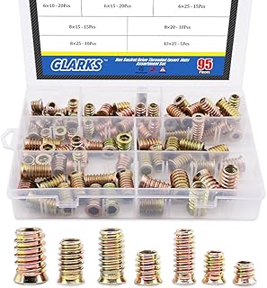 Glarks 95Pcs Zinc Alloy Hex Flanged Screw-in Nut Hex Socket Drive Threaded Insert Nuts Assortment Set for Wood Furniture
