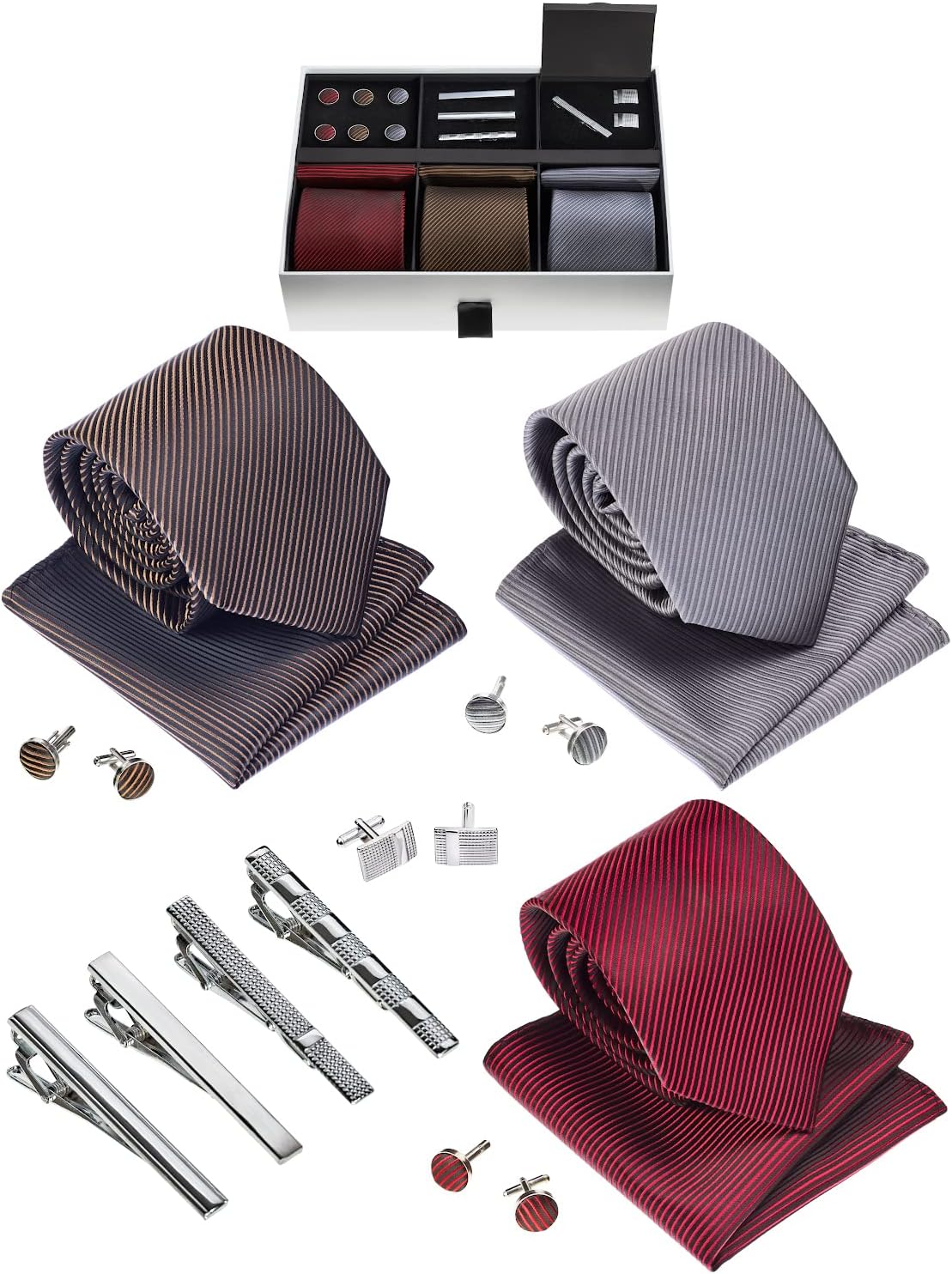 Premium Menâ€™s Gift Tie Set Silky Necktie Pocket Squares Tie Clips Cufflinks For Men, Multicolored, Optimal Size