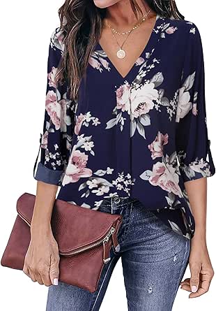 Youtalia Womens 3/4 Cuffed Sleeve Chiffon Printed V Neck Casual Blouse Shirt Tops