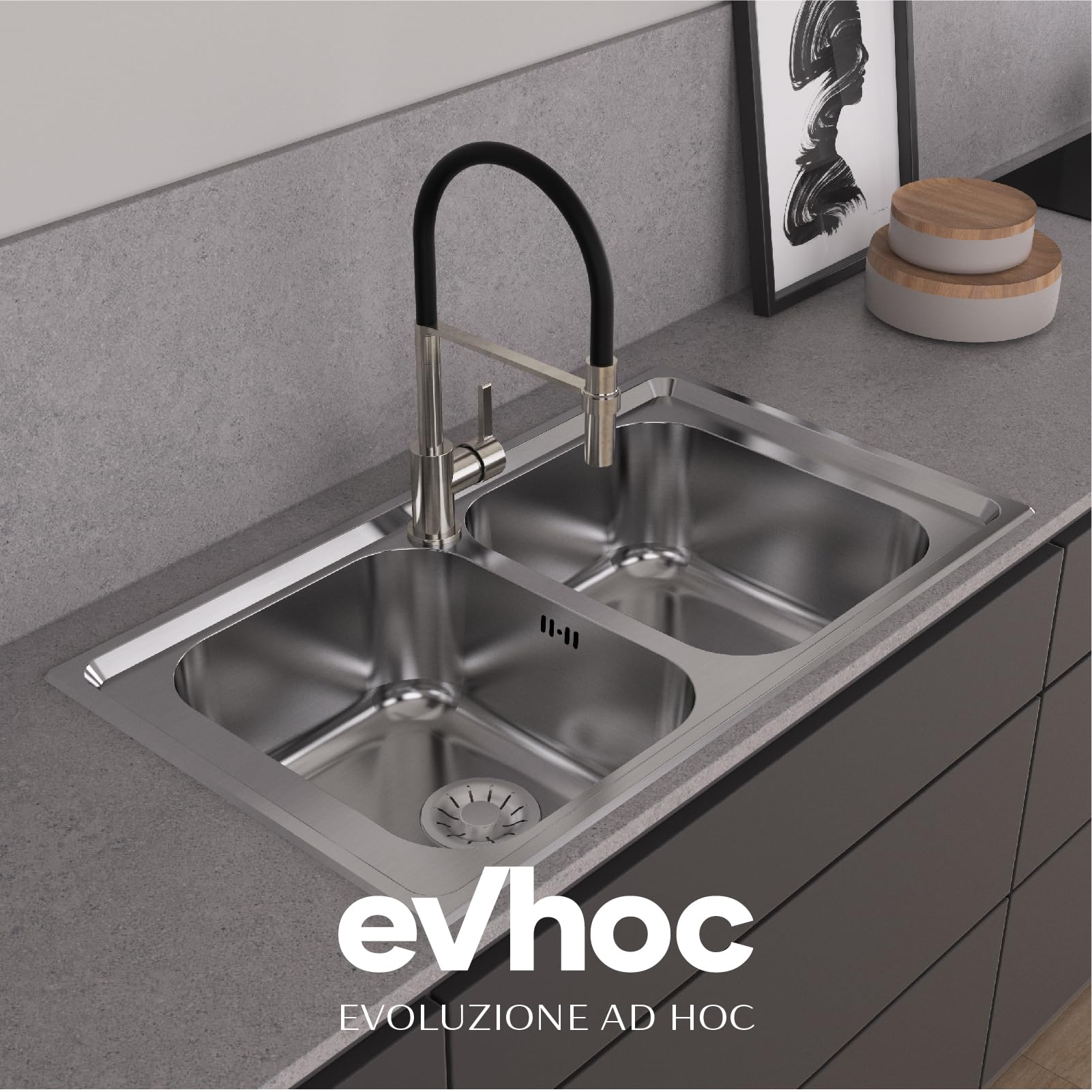 EVHOC Lavello Cucina Sopratop 86x50 cm 2 Vasche, Acciaio Inox, AURA S | Lavandino in Acciaio Inox con Finitura Satinata, Made in Italy, Piletta e Sifoni Inclusi