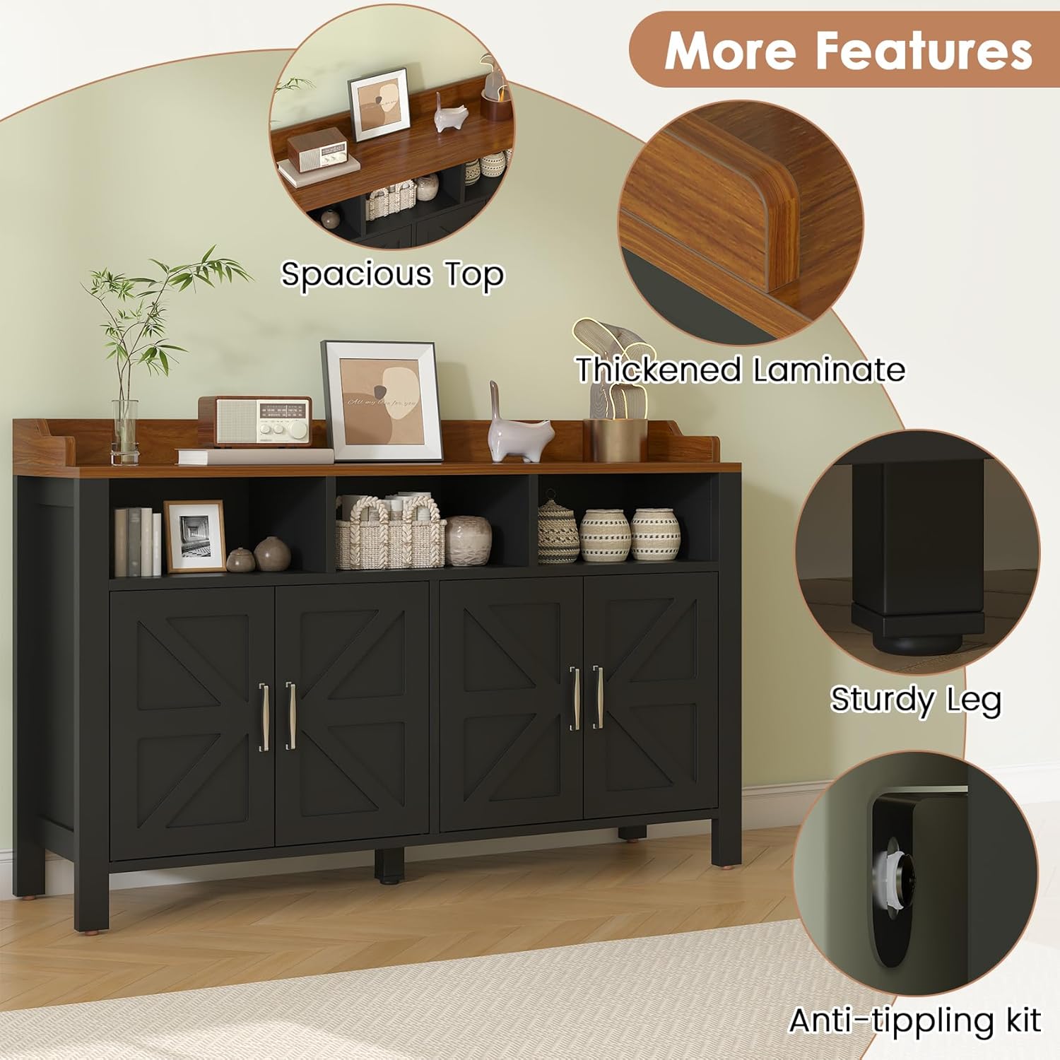 VVFLU Buffet Cabinet with Storage Farmhouse with 4 Doors and 3 Open Compartments, 55'' Large Kitchen Storage Cabinet Black Wood Coffee Bar Buffet Sideboard for Kitchen, Dining Room, Living Room
