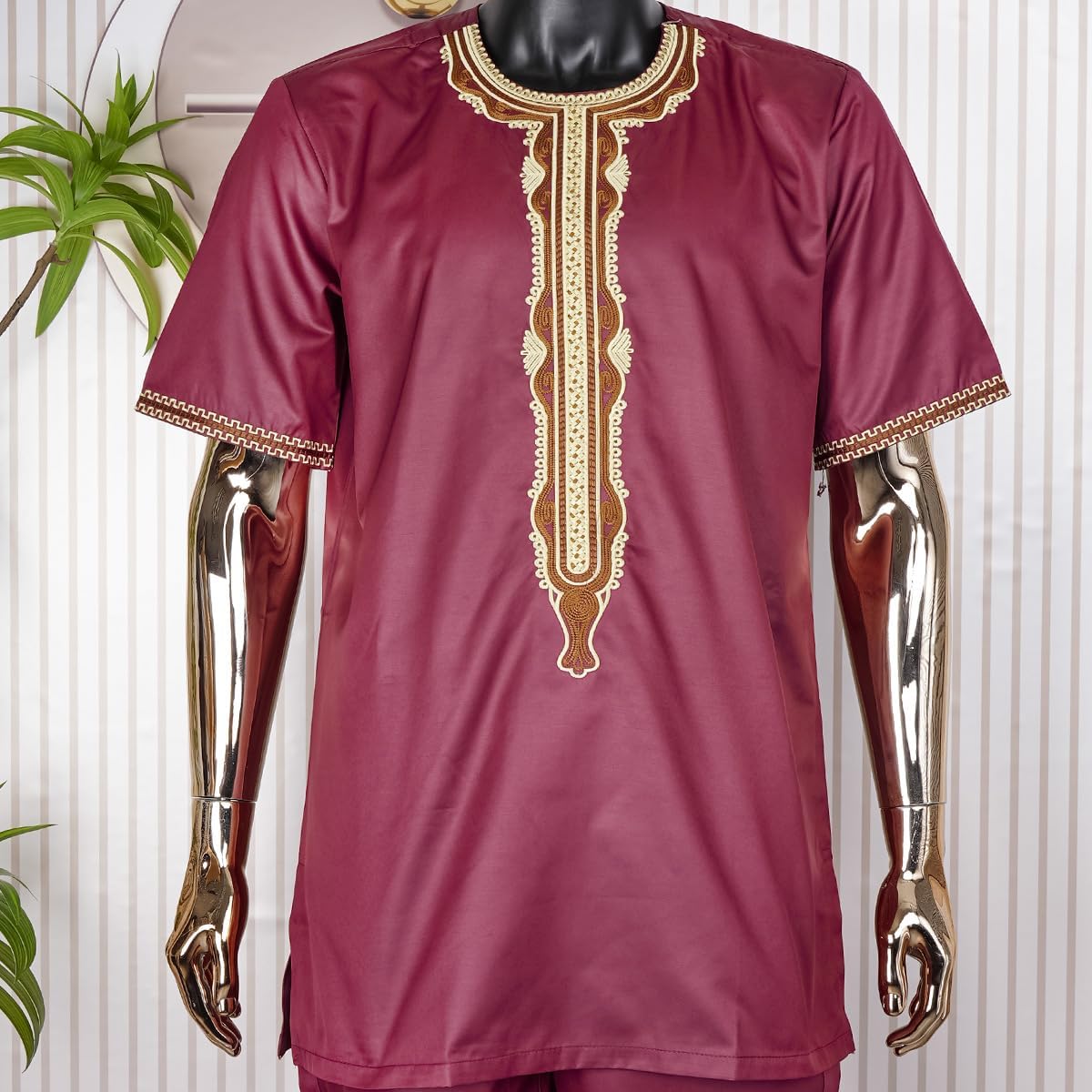 HD Men's African Clothes Embroidery Tunic Shirt and Pant Suit Two Pieces Dashiki Outfit Short Sleeves - Image 2