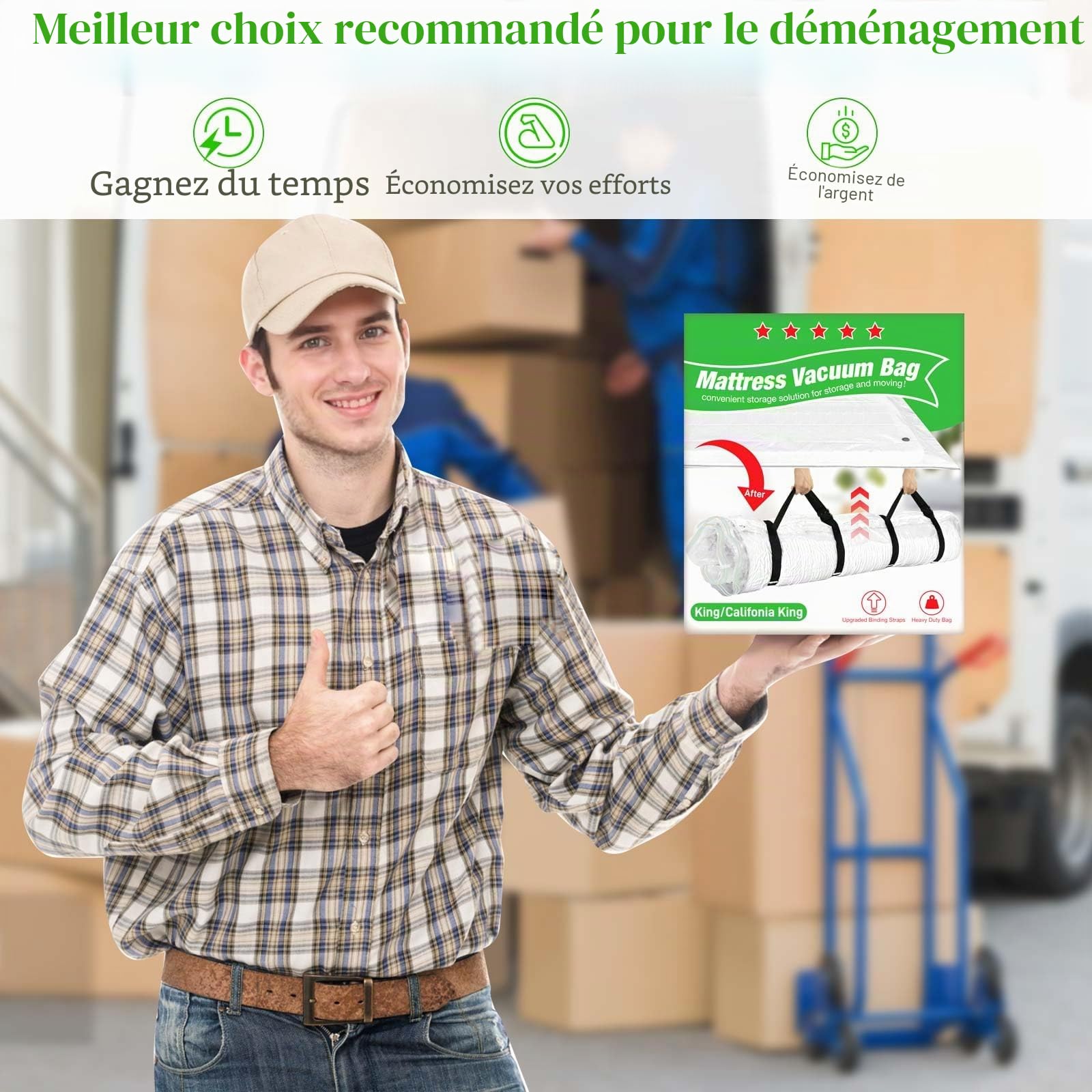 Sac de rangement sous vide pour matelas King size/Califonia King - Étanche - Double fermeture éclair - Sacs de rangement sous vide - Économie d'espace pour matelas en mousse à mémoire de forme et