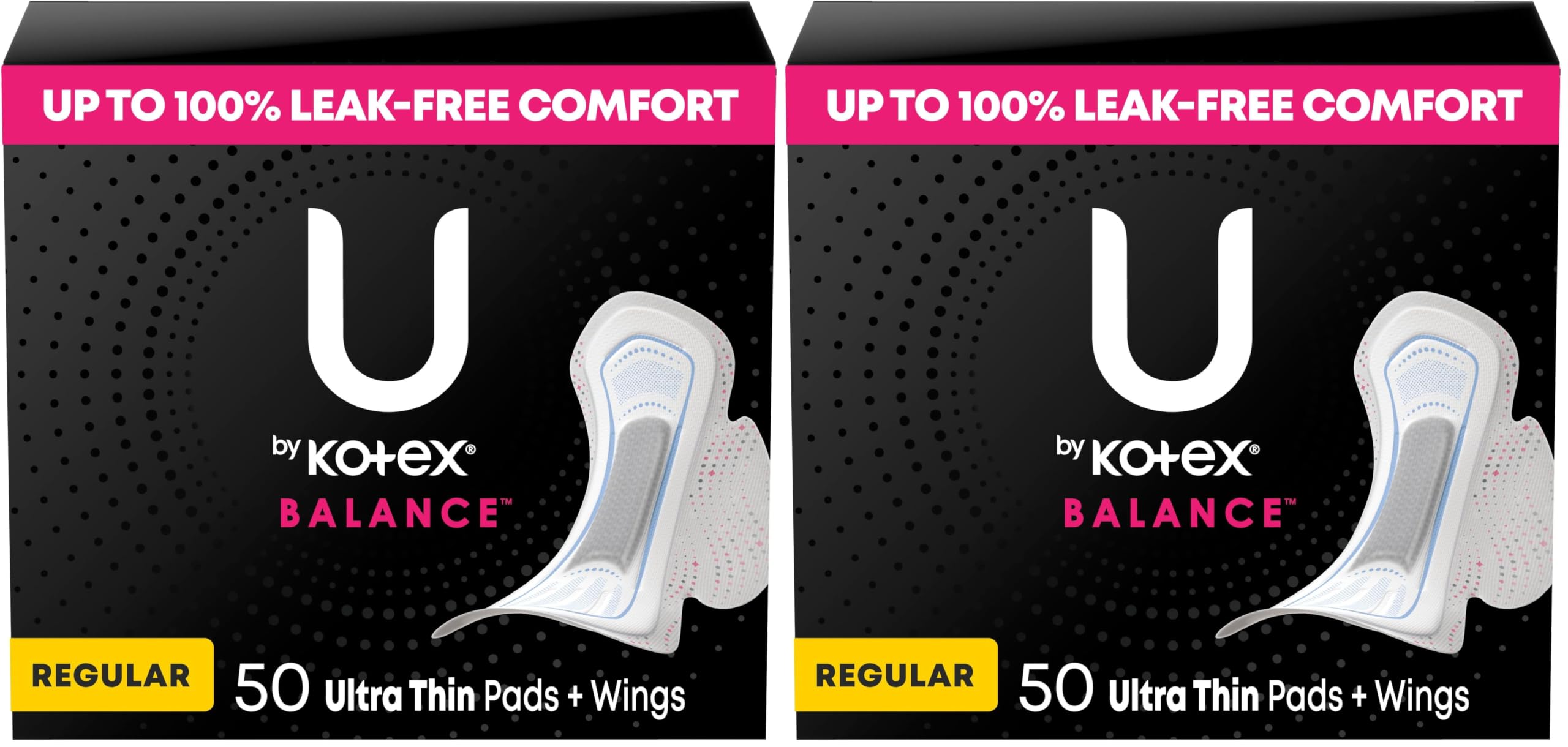 U by Kotex Balance Ultra Thin Pads with Wings, Regular Absorbency, 50 Count (Packaging May Vary) (Pack of 2)