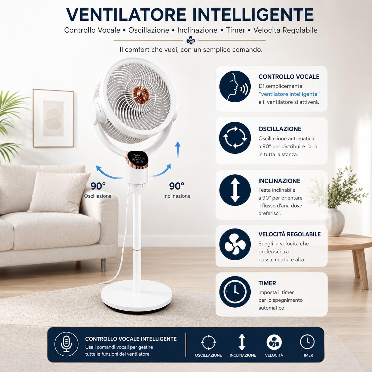 TANIASHOP Ventilatore a Piantana intelligente con Comando Vocale Controllo Touch e Telecomando 6 Velocità 50W Oscillazione Destra Sinistra e Su Giù con Timer Ventola Silenziosa Altezza 112cm
