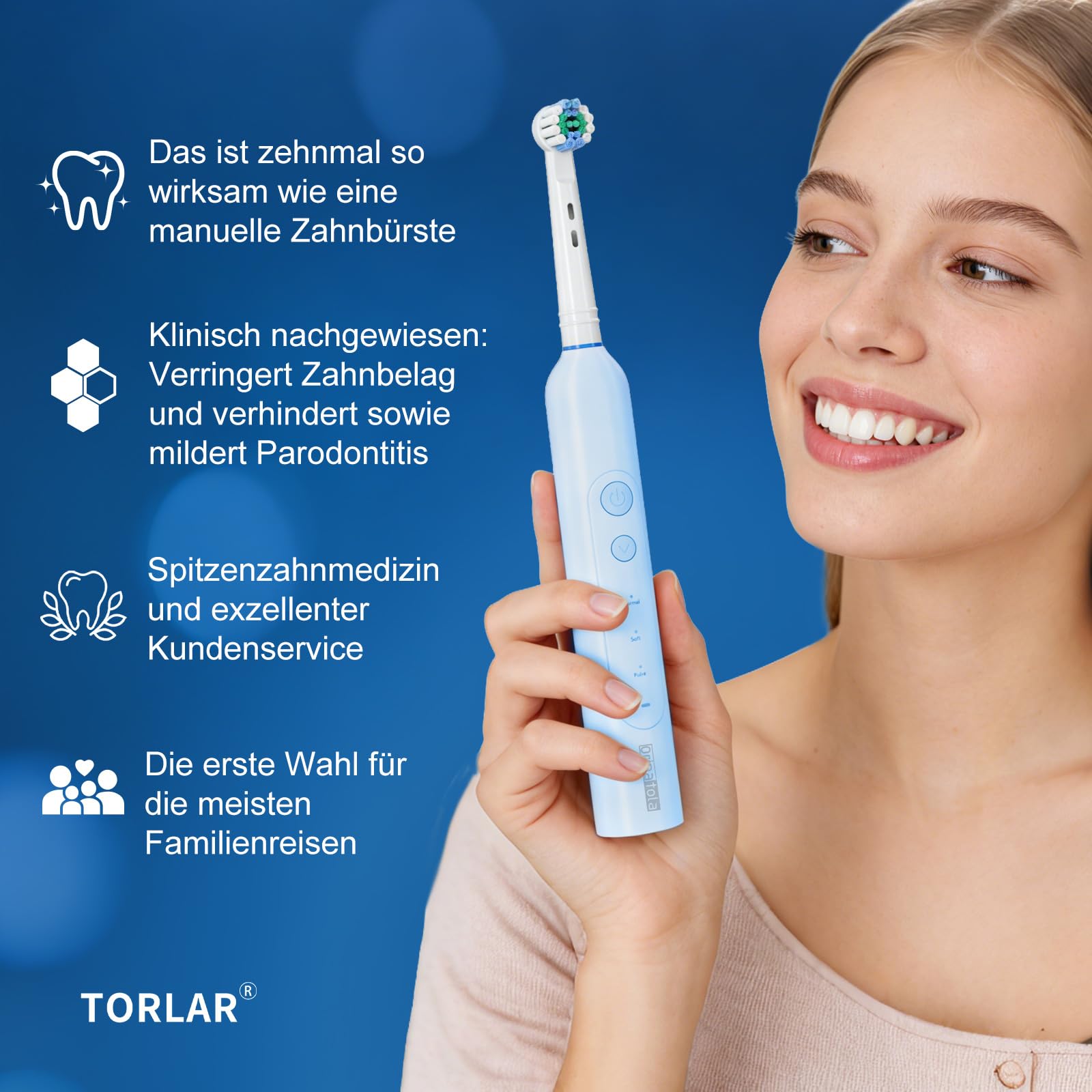 Elektrische Zahnbürste Rotierende Elektrische Zahnbürste mit Reiseetui und Ladestation Mit 8 Bürstenköpfen und 3 Modi 8.800 Schwingungen pro Minute (VPM) Wasserdicht Gemäß IPX7 Blau