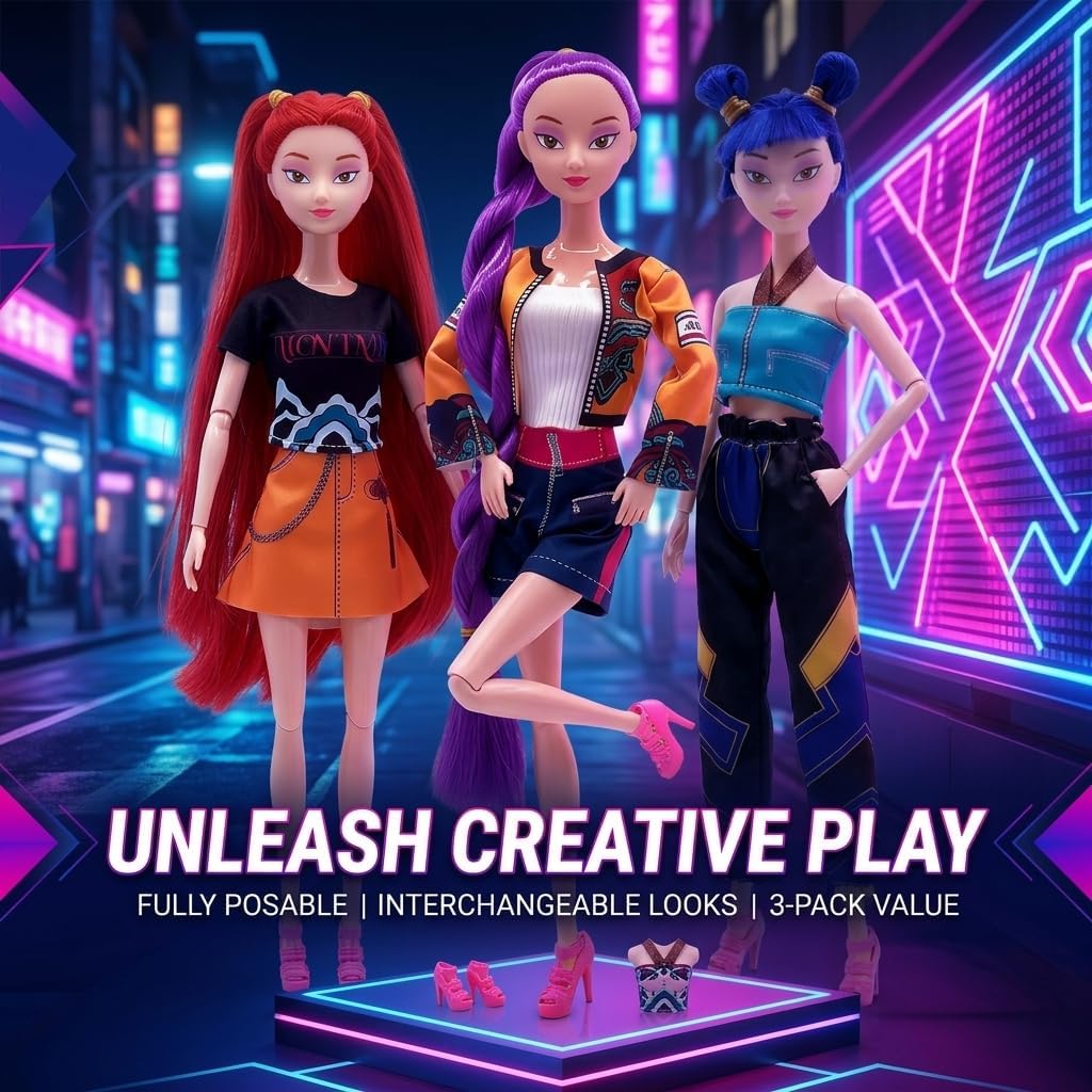 3-Pack Demon Witch Figure Hunter Merch: 11.5" Poseable Anime Action Doll Set, Kpop Style Cake Toppers, Easter Egg Fillers, Spring Basket Stuffers, Kids Birthday Party Favors & Desktop Decorations