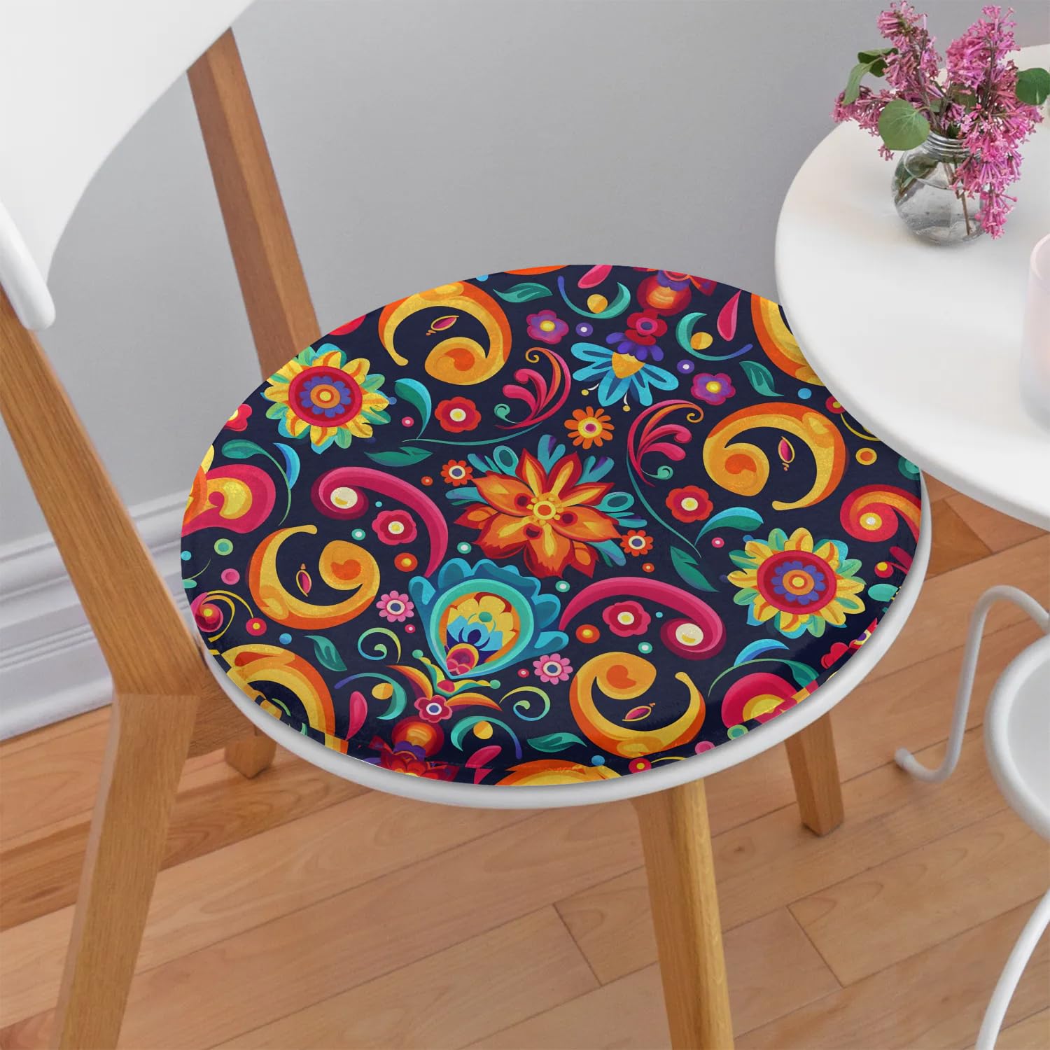 Shoblo Boho Floral Colorful Round Chair Cushions for Outdoor Furniture Removable Washable Chair Pads for Indoor Dining Room Kitchen Chairs 14.5"