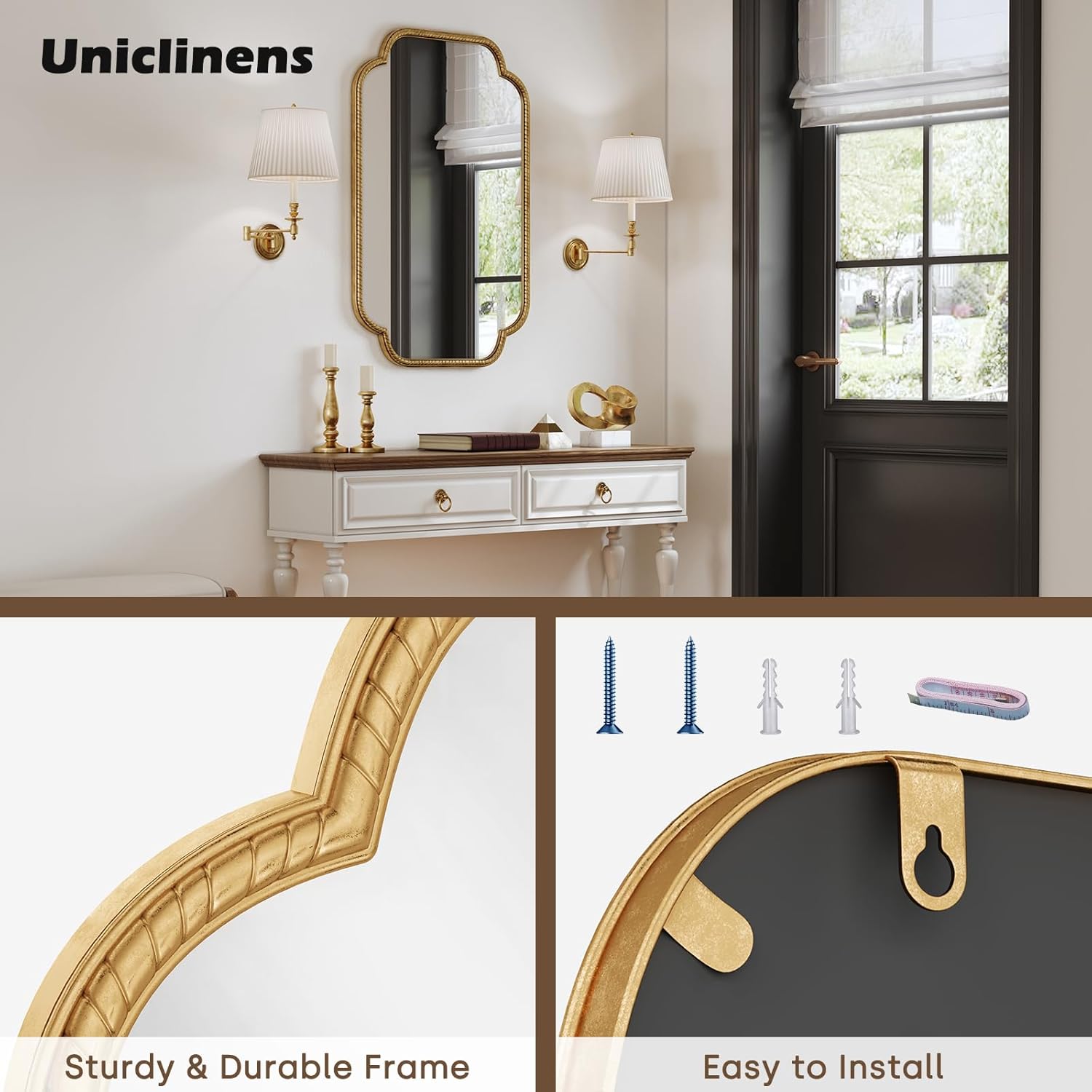 Uniclinens Gold Scalloped Mirror Wall Decor - Large Decorative Wall Mirror 36"X24" with Vintage Baroque Metal Frame, Ideal for Entryway, Fireplace, Living Room, Hallway, Bathroom