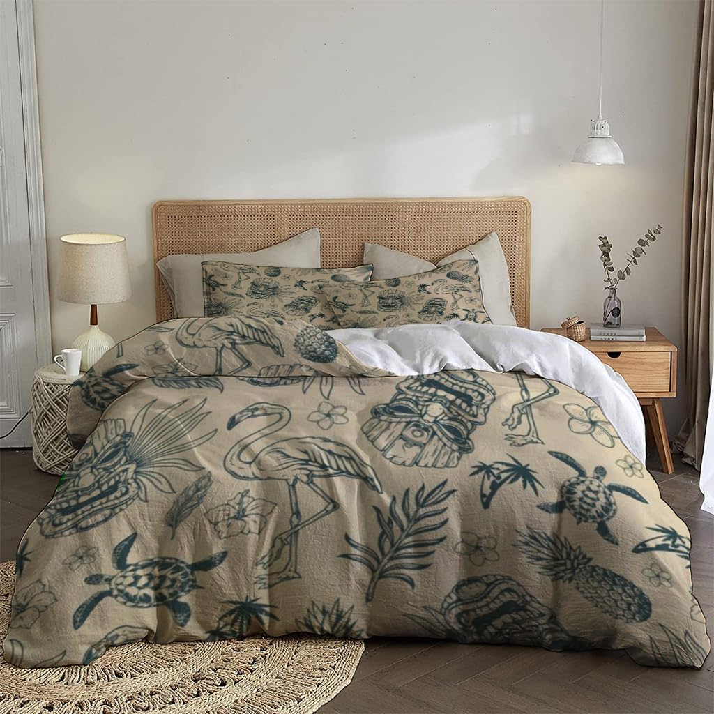 NIBAINLO 布団カバートロピカルハワイアンヴィンテージパターン 肌に優しい ピーチスキン加工 掛け布団カバー 和式 洋式 あったか 布団カバーセット リバーシブル ホームステイ ホテル 家庭兼用